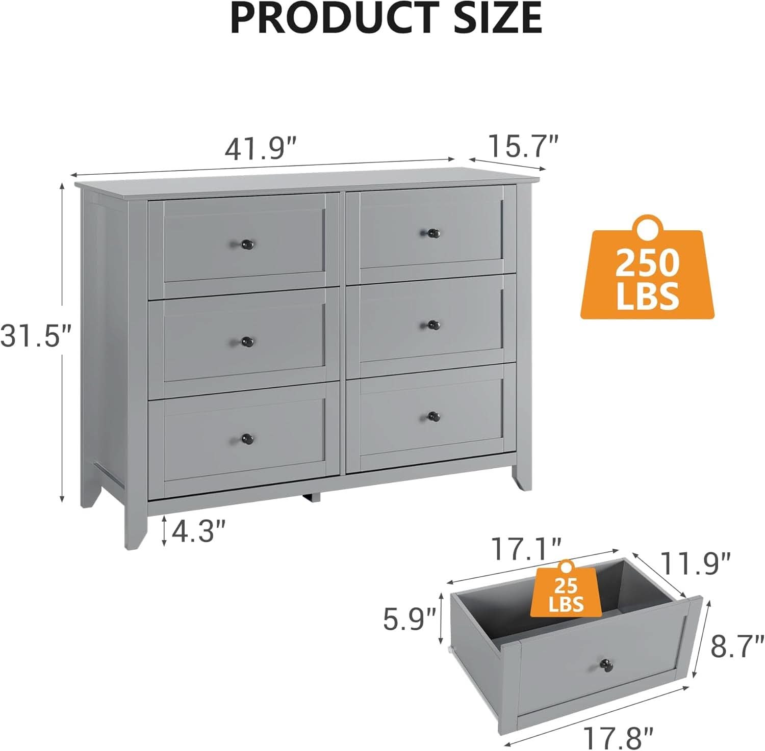 Grey Contemporary Dresser With 6 Drawers And Organizers