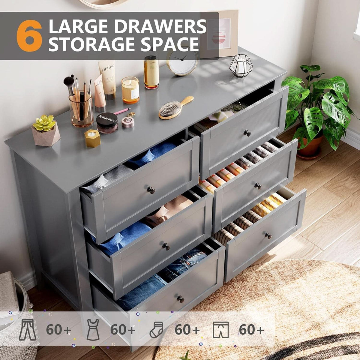Grey Contemporary Dresser With 6 Drawers And Organizers