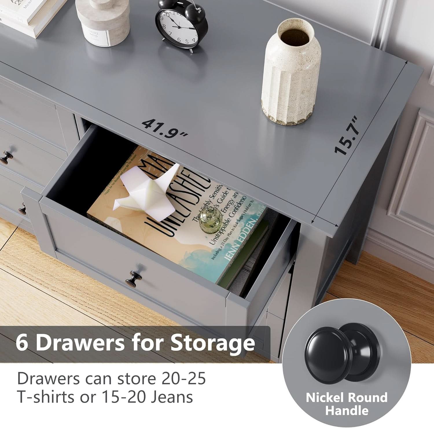 Grey Contemporary Dresser With 6 Drawers And Organizers