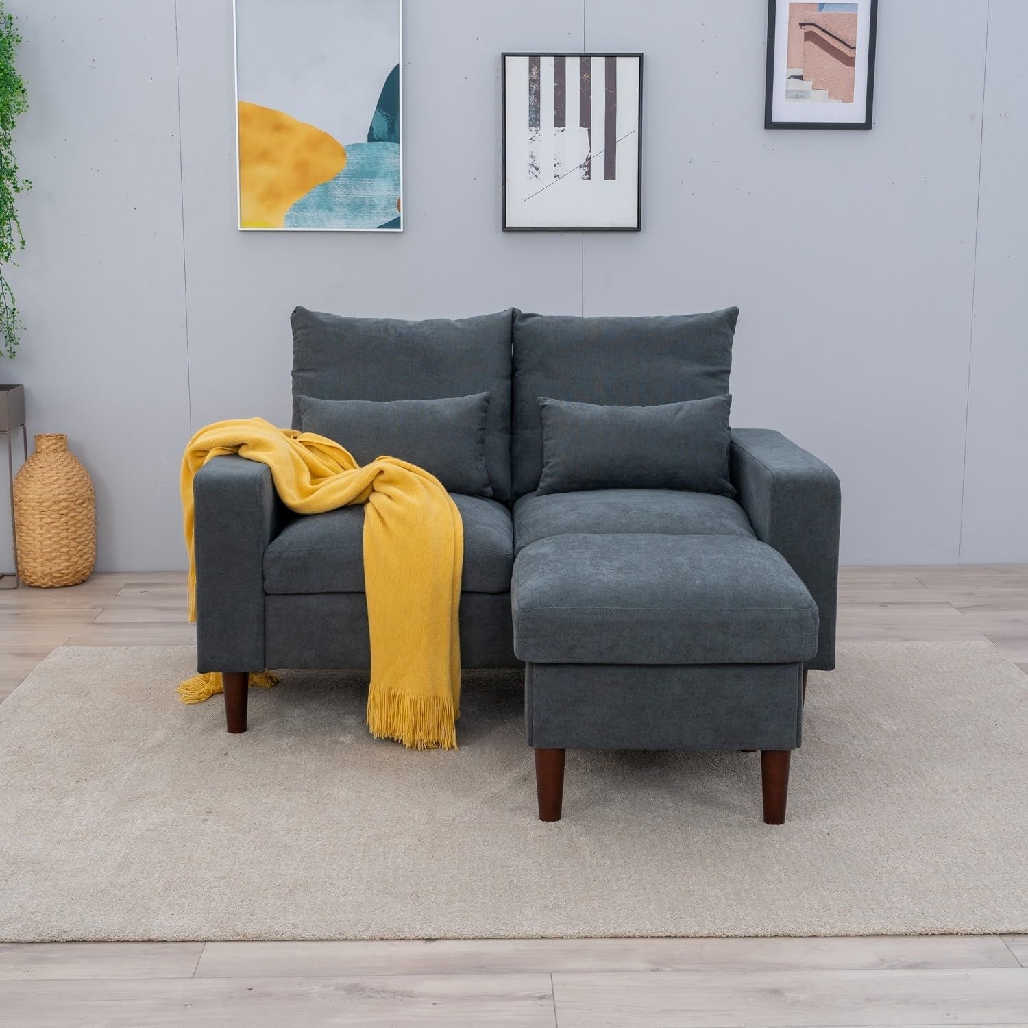 Grey Convertible Sectional Sofa With Ottoman L Shape 2Seat