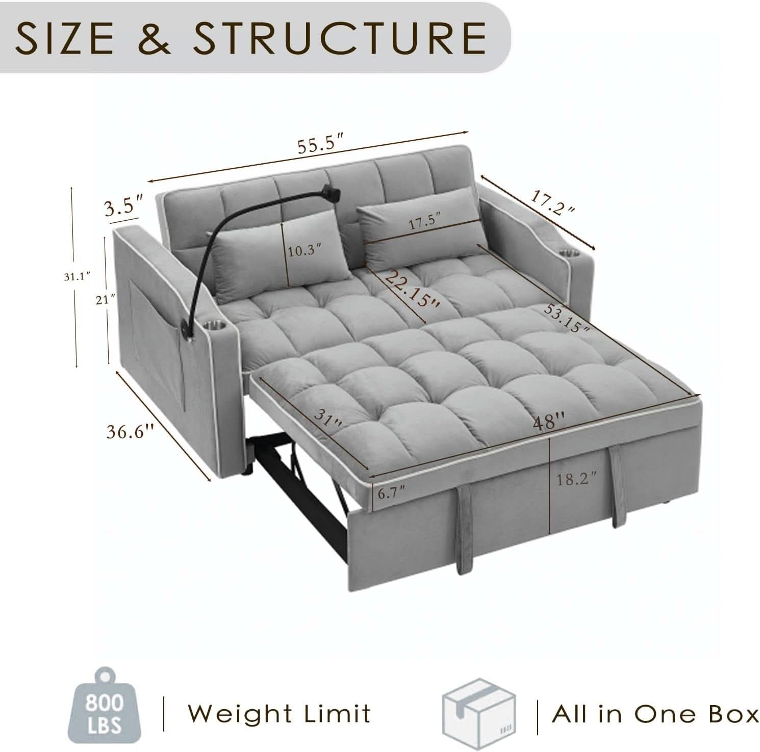 Grey Convertible Sleeper Loveseat Bed With ThreeInOne
