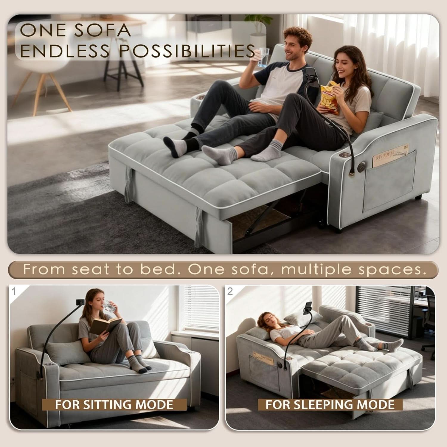 Grey Convertible Sleeper Loveseat Bed With ThreeInOne