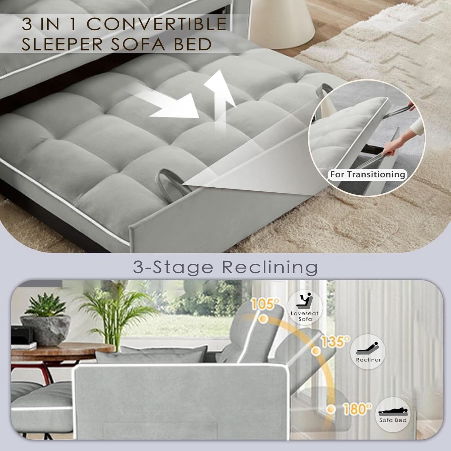 Grey Convertible Sleeper Loveseat Bed With ThreeInOne