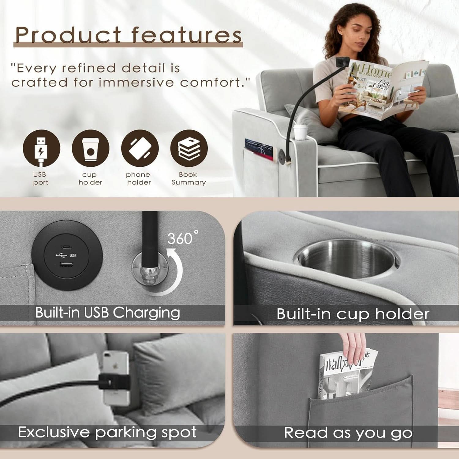 Grey Convertible Sleeper Loveseat Bed With ThreeInOne