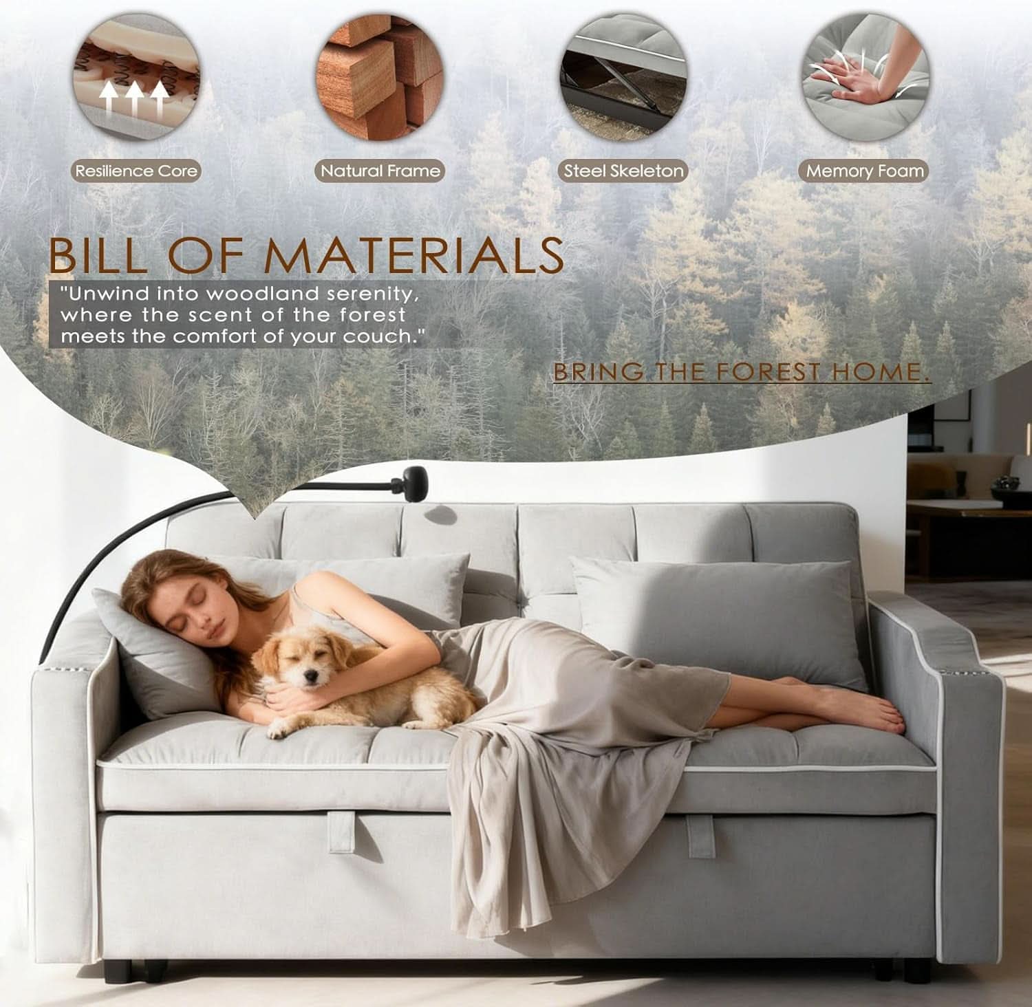 Grey Convertible Sleeper Loveseat Bed With ThreeInOne