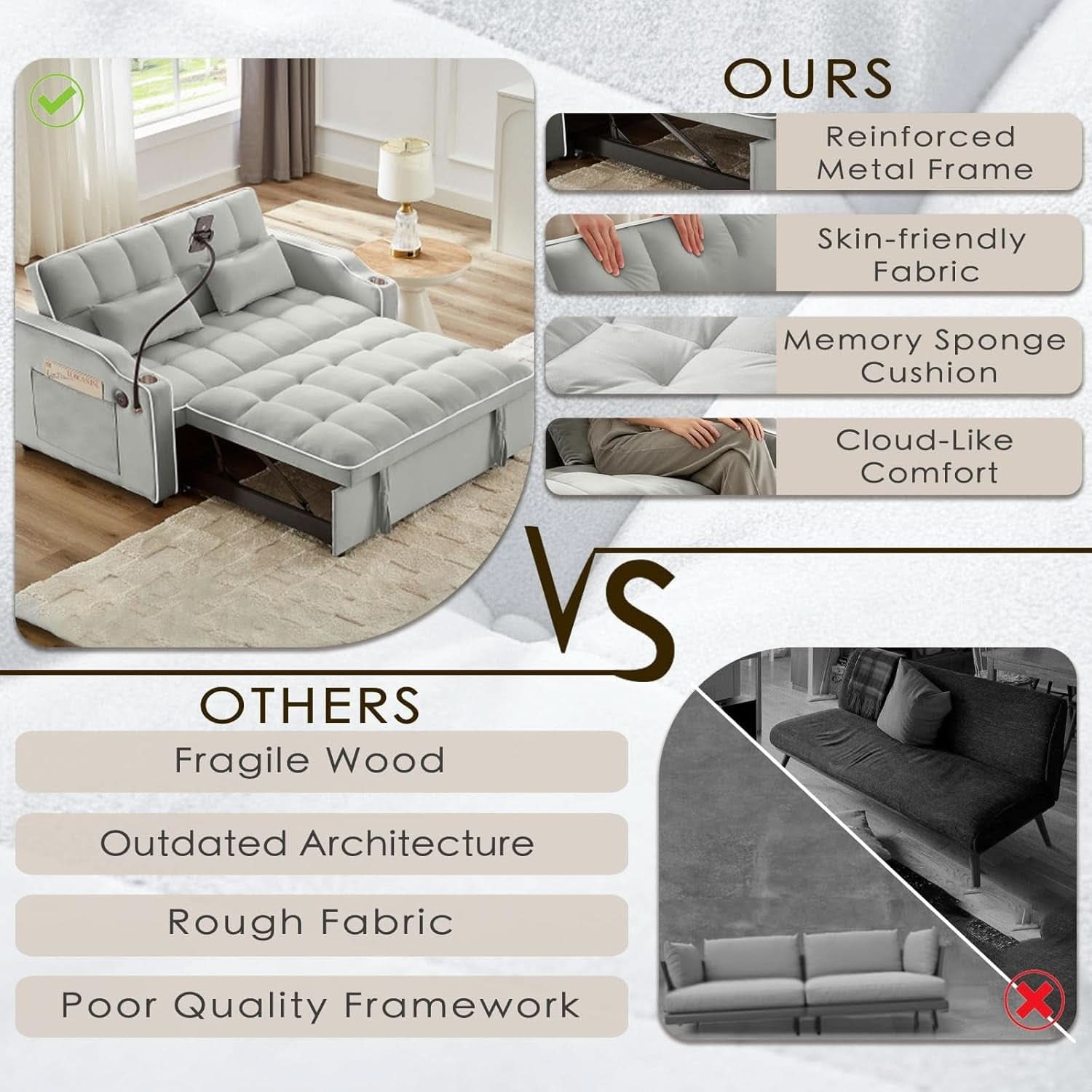 Grey Convertible Sleeper Loveseat Bed With ThreeInOne