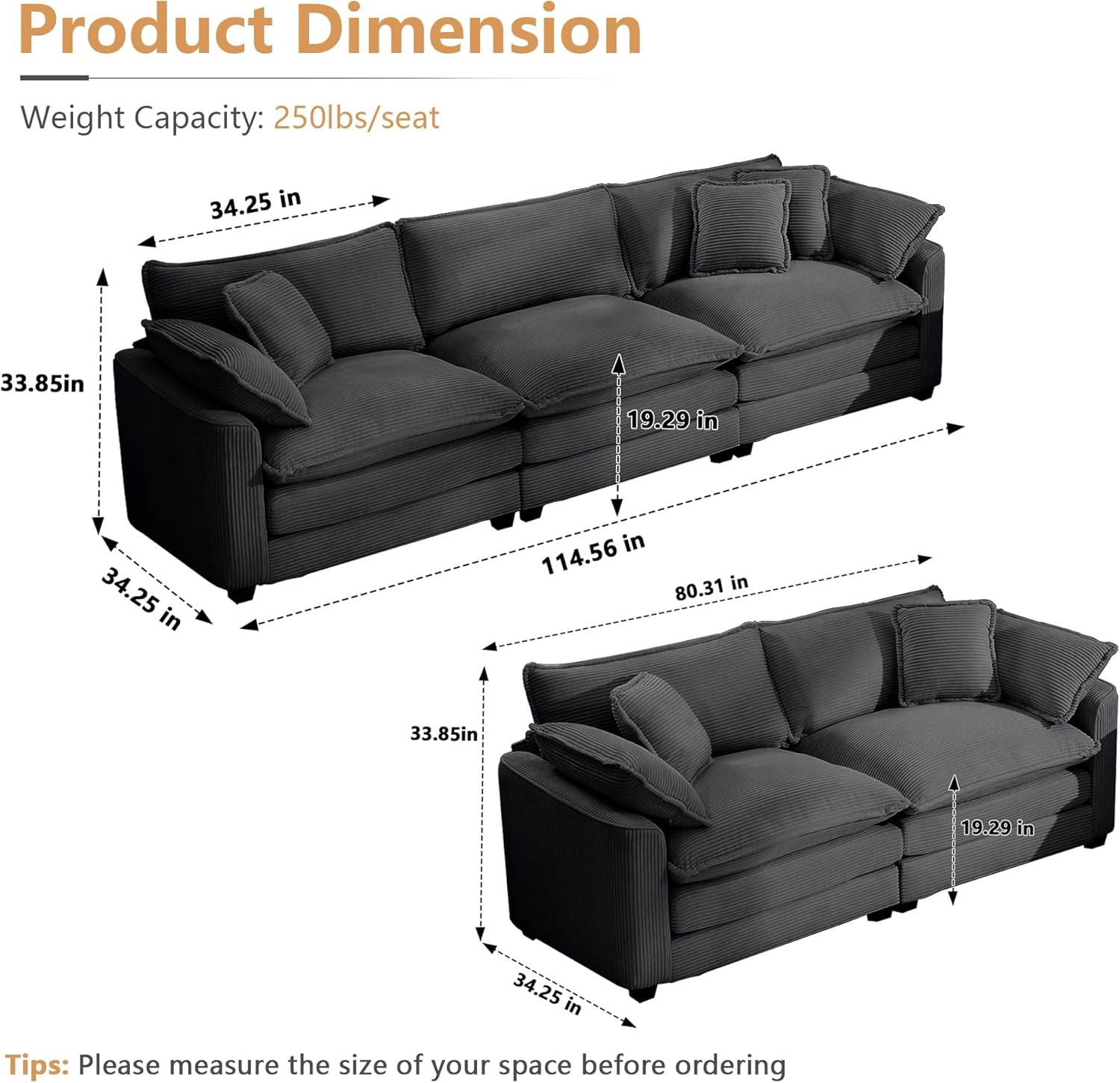 Grey Corduroy 2 Piece Sofa Set With Three Seater Loveseat