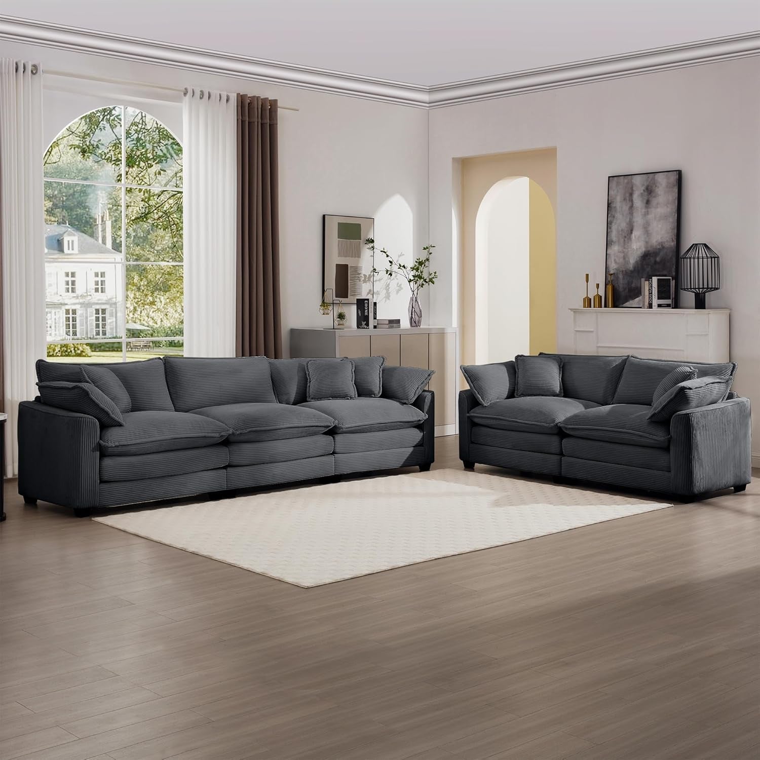 Grey Corduroy 2 Piece Sofa Set With Three Seater Loveseat