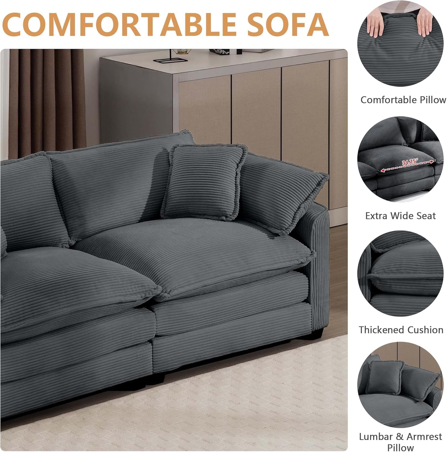 Grey Corduroy 2 Piece Sofa Set With Three Seater Loveseat