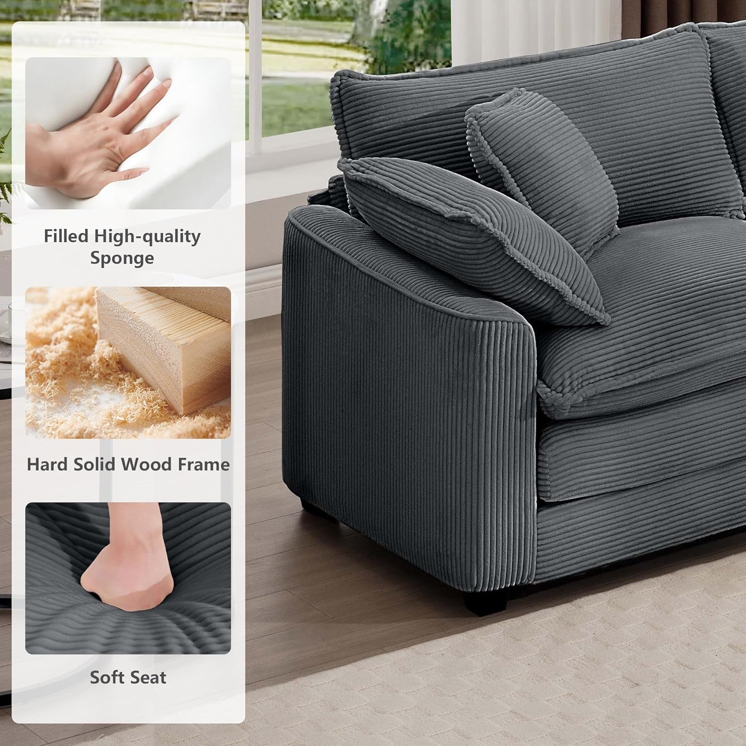 Grey Corduroy 2 Piece Sofa Set With Three Seater Loveseat