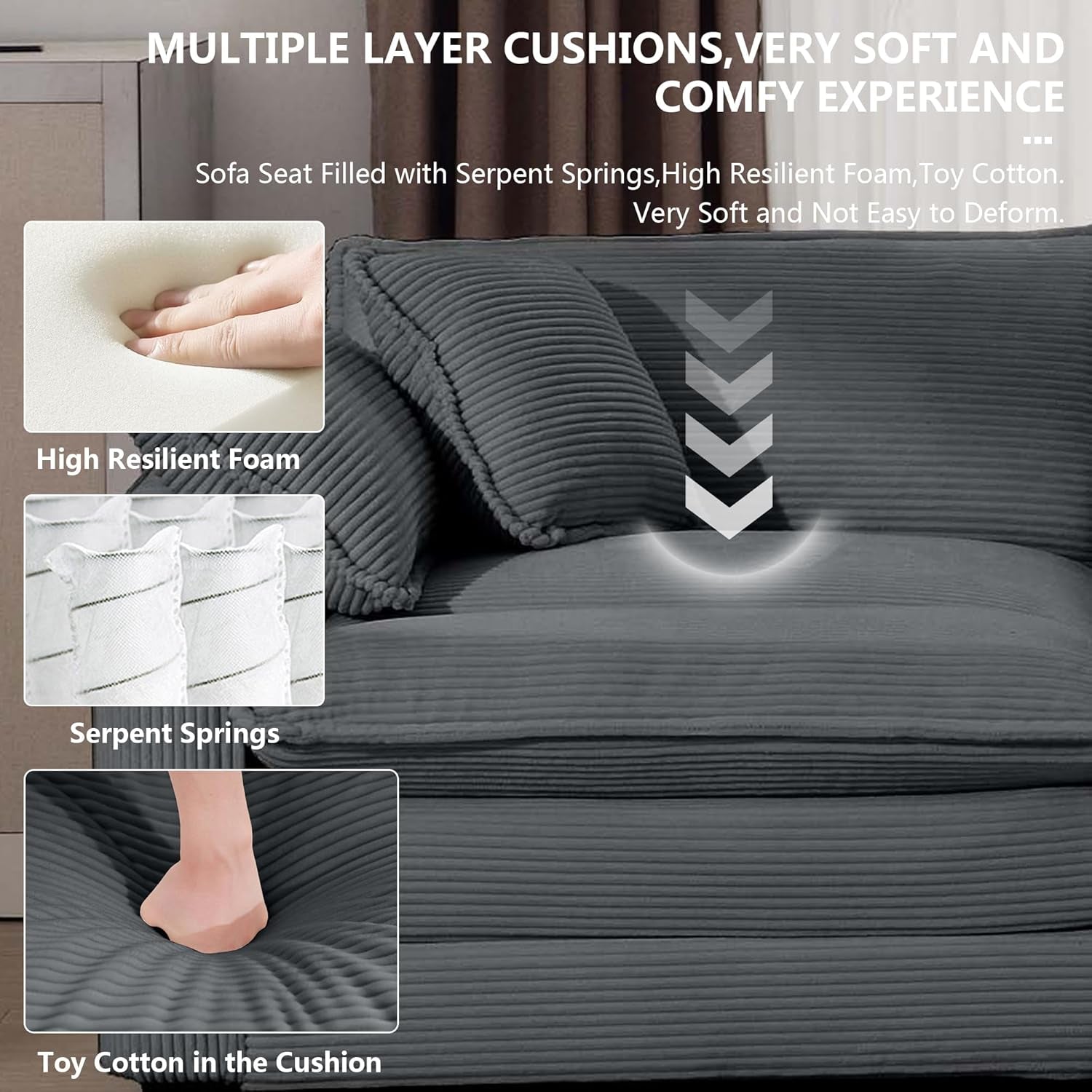 Grey Corduroy 2 Piece Sofa Set With Three Seater Loveseat