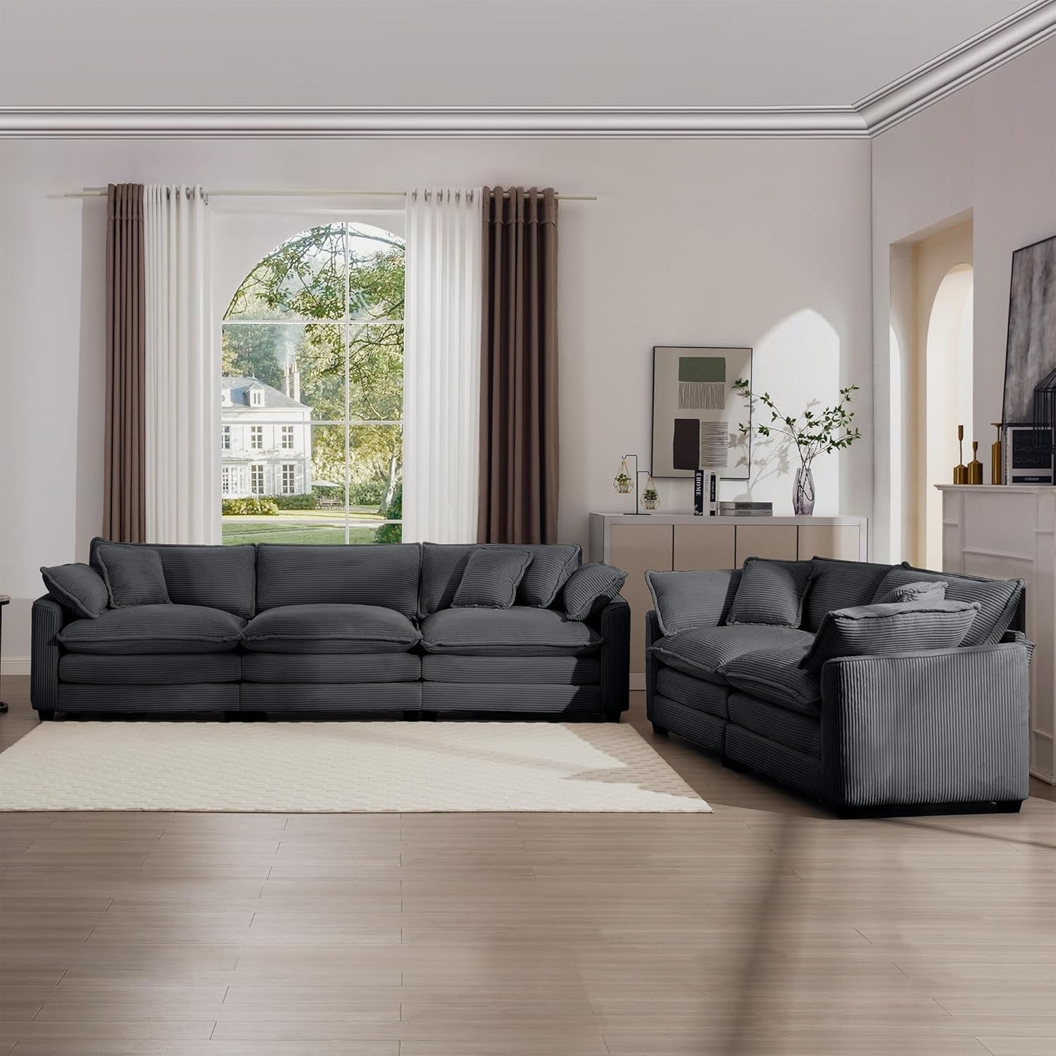 Grey Corduroy 2 Piece Sofa Set With Three Seater Loveseat