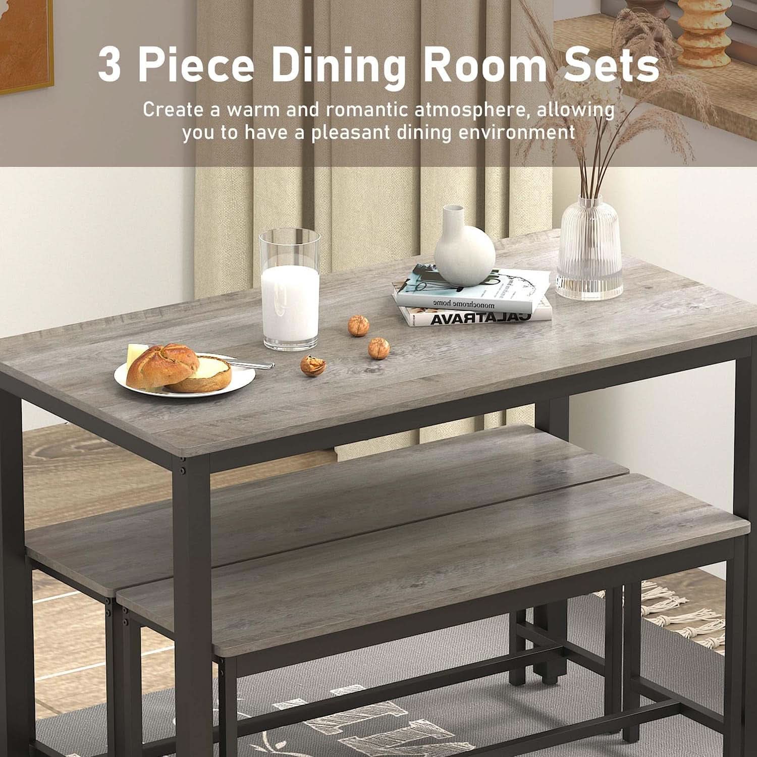 Grey Dining Table Set For 4 With 2 Benches 3 Piece Chairs