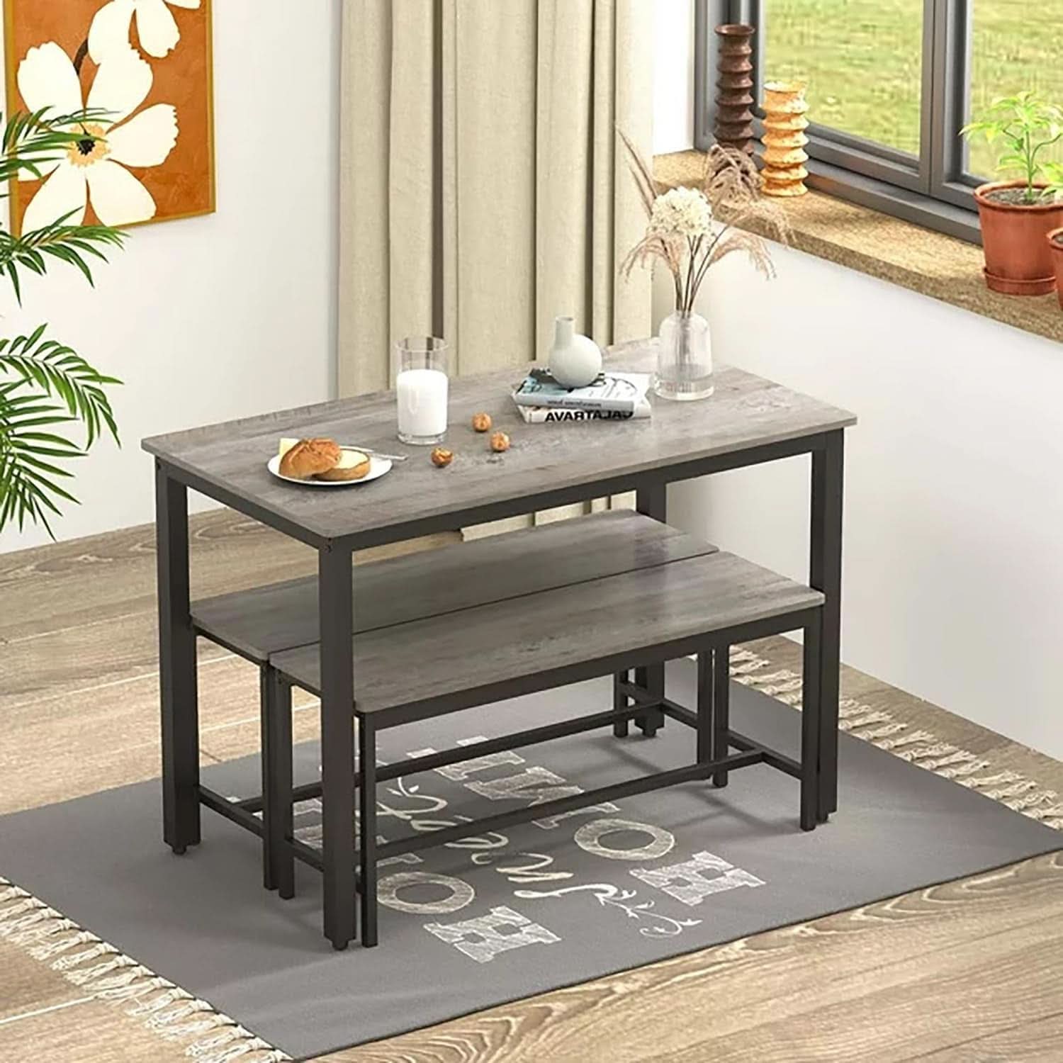 Grey Dining Table Set For 4 With 2 Benches 3 Piece Chairs