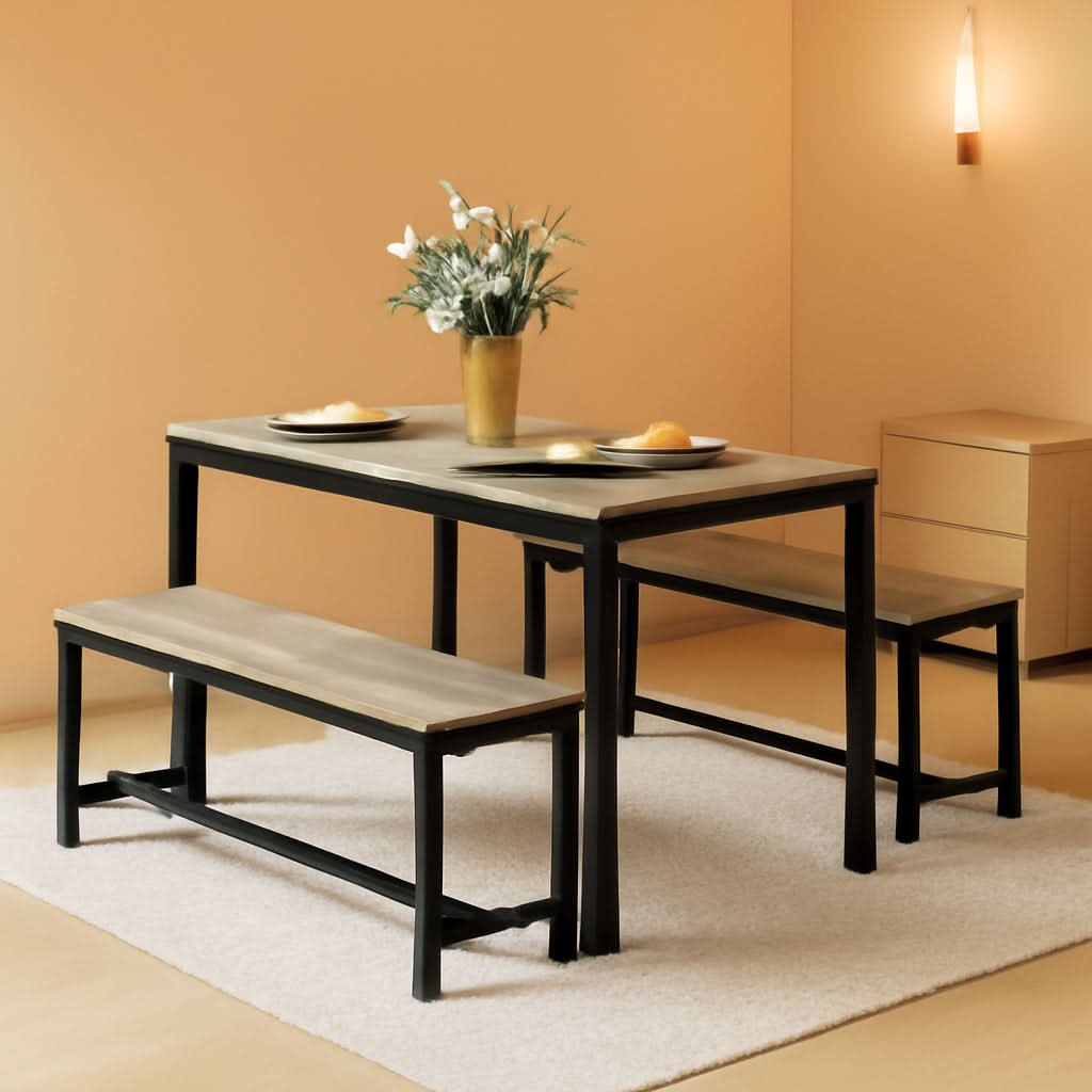 Grey Dining Table Set For 4 With 2 Benches 3 Piece Chairs