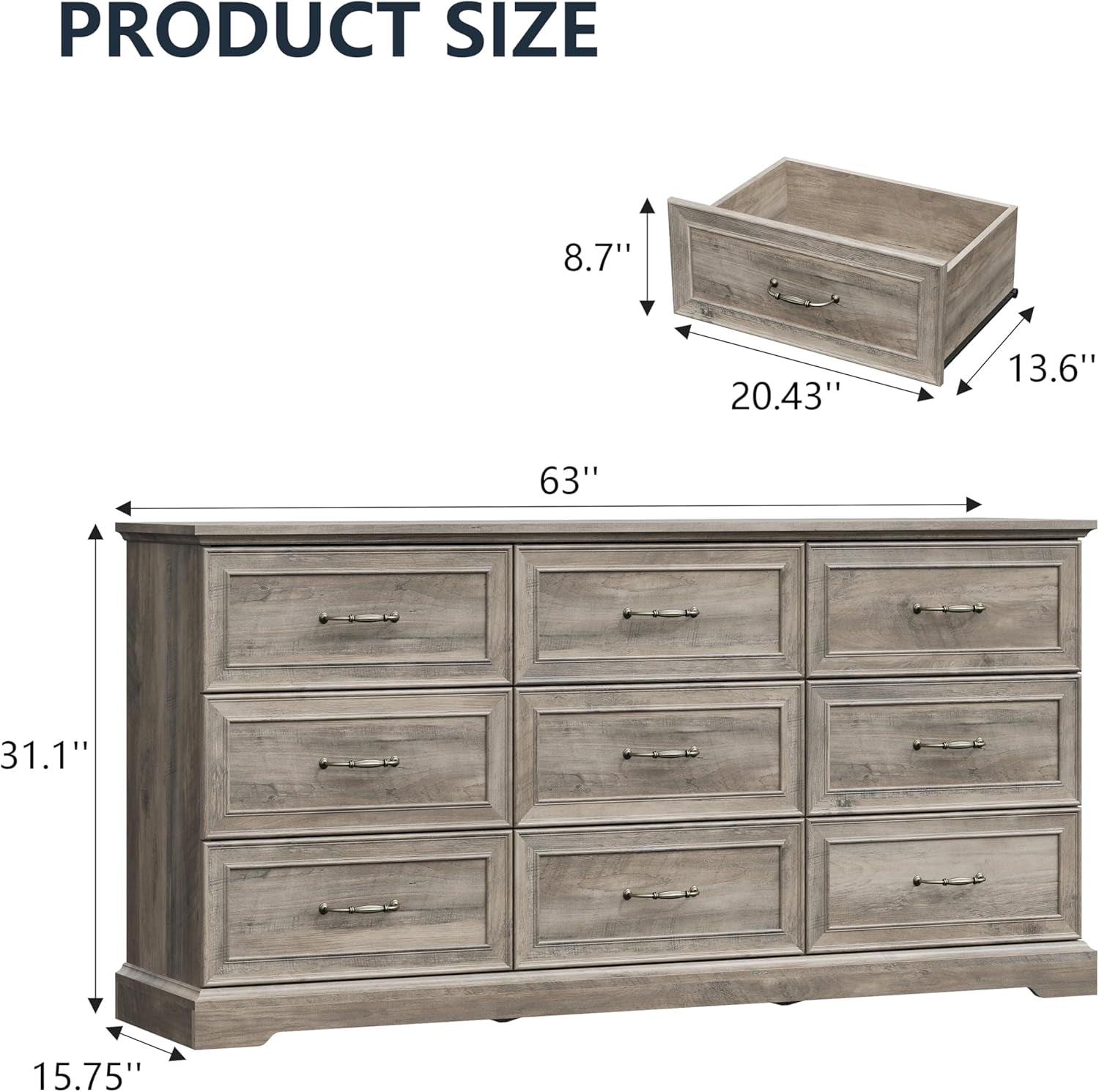Grey Distressed Farmhouse Dresser 63 Inch Wide 9 Drawer