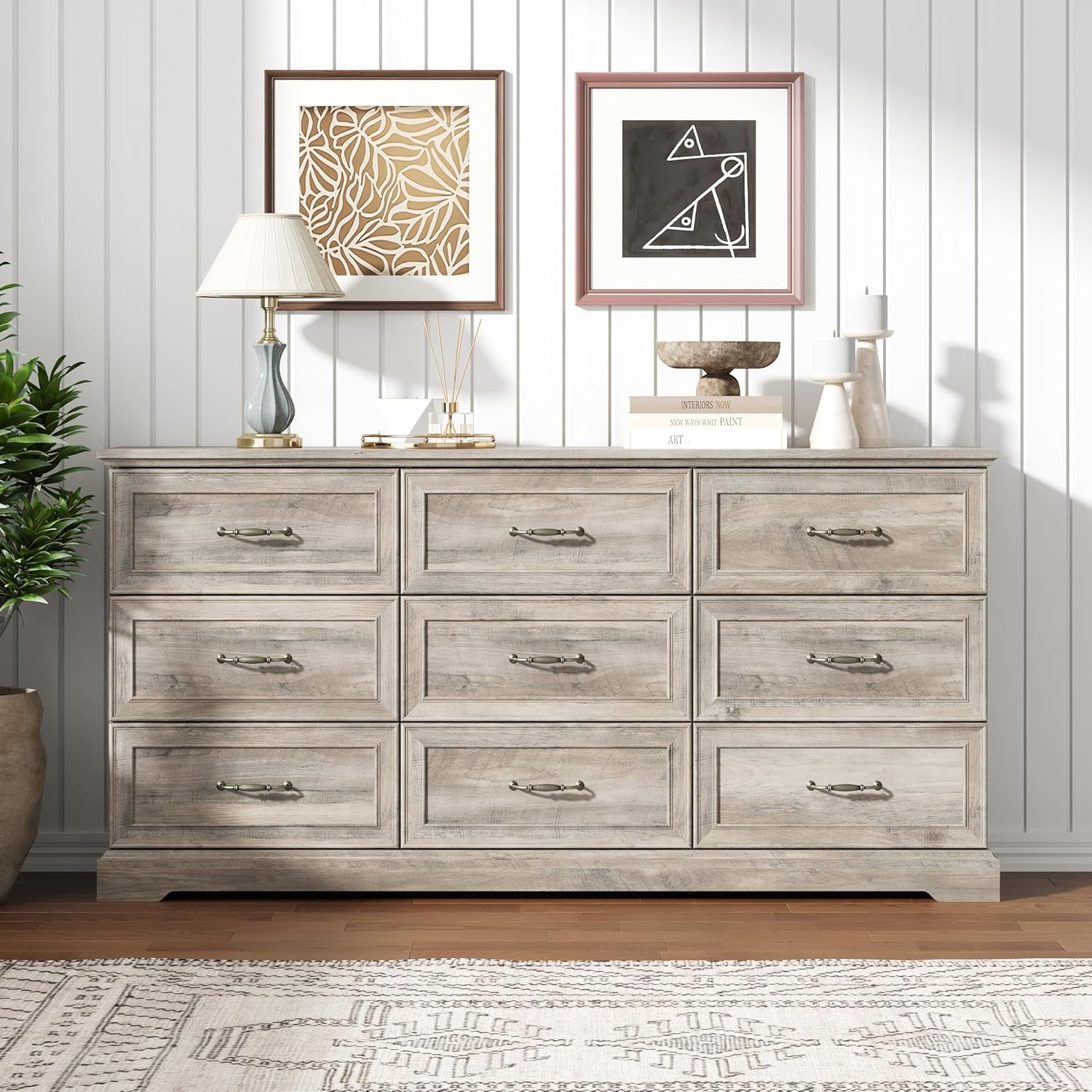 Grey Distressed Farmhouse Dresser 63 Inch Wide 9 Drawer