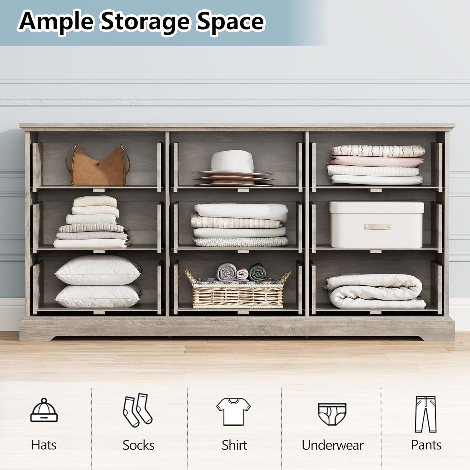 Grey Distressed Farmhouse Dresser 63 Inch Wide 9 Drawer