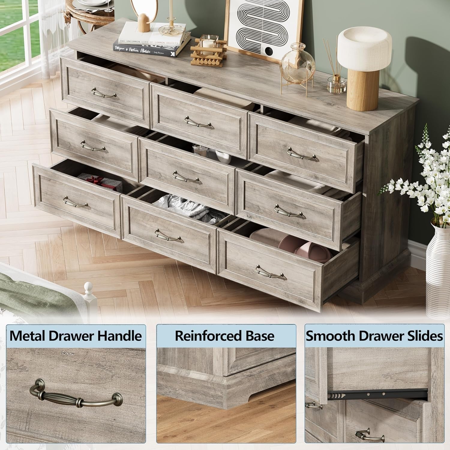 Grey Distressed Farmhouse Dresser 63 Inch Wide 9 Drawer