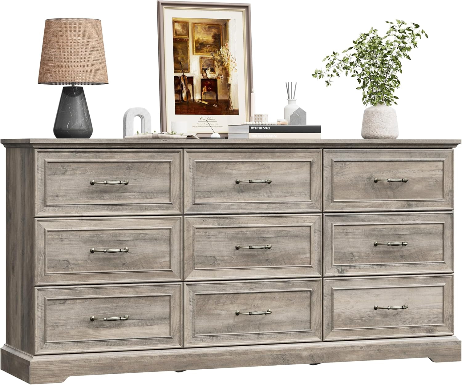 Grey Distressed Farmhouse Dresser 63 Inch Wide 9 Drawer