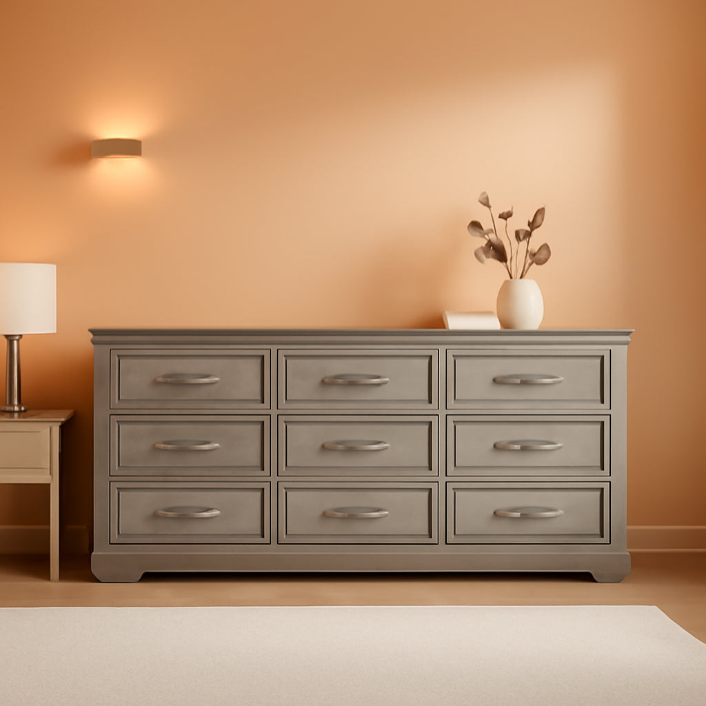 Grey Distressed Farmhouse Dresser 63 Inch Wide 9 Drawer
