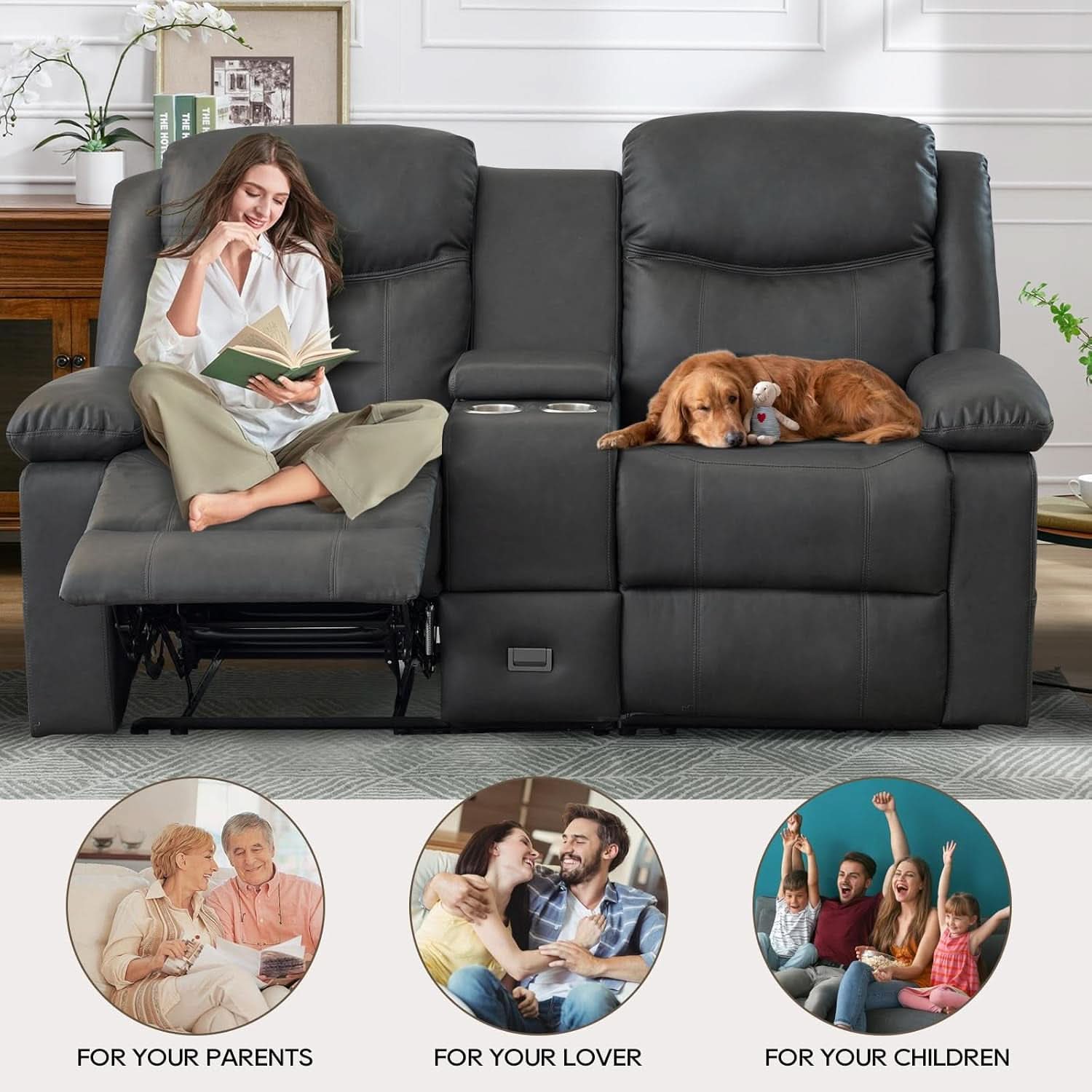 Grey Double Reclining Loveseat For Living Room Home Theater