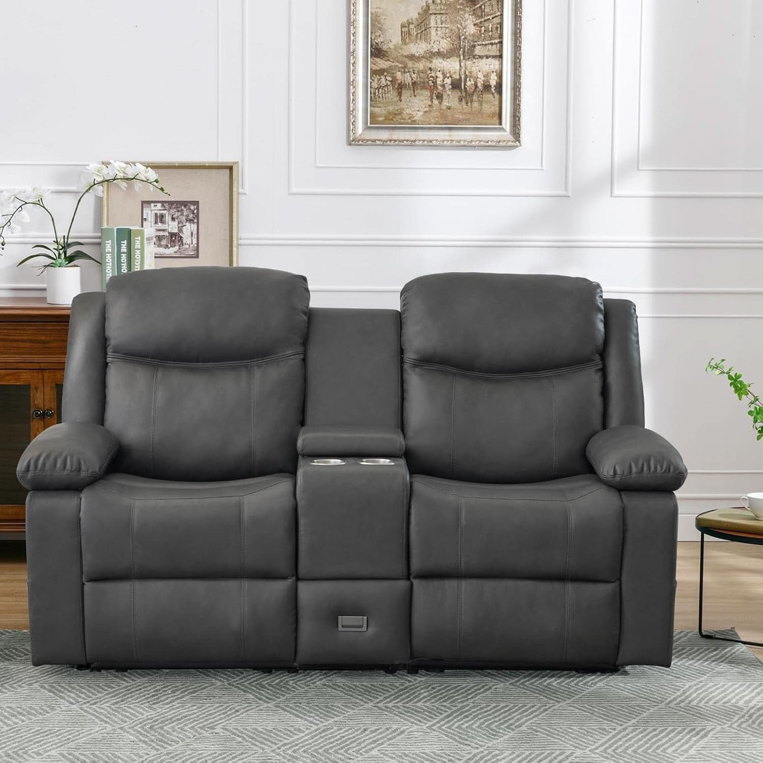 Grey Double Reclining Loveseat For Living Room Home Theater