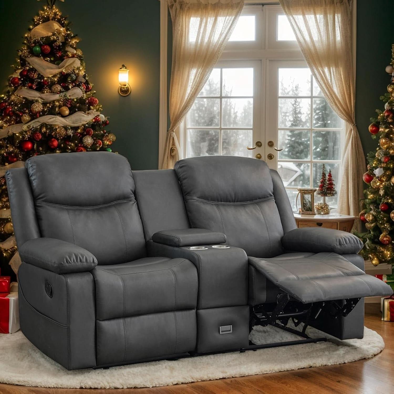 Grey Double Reclining Loveseat For Living Room Home Theater