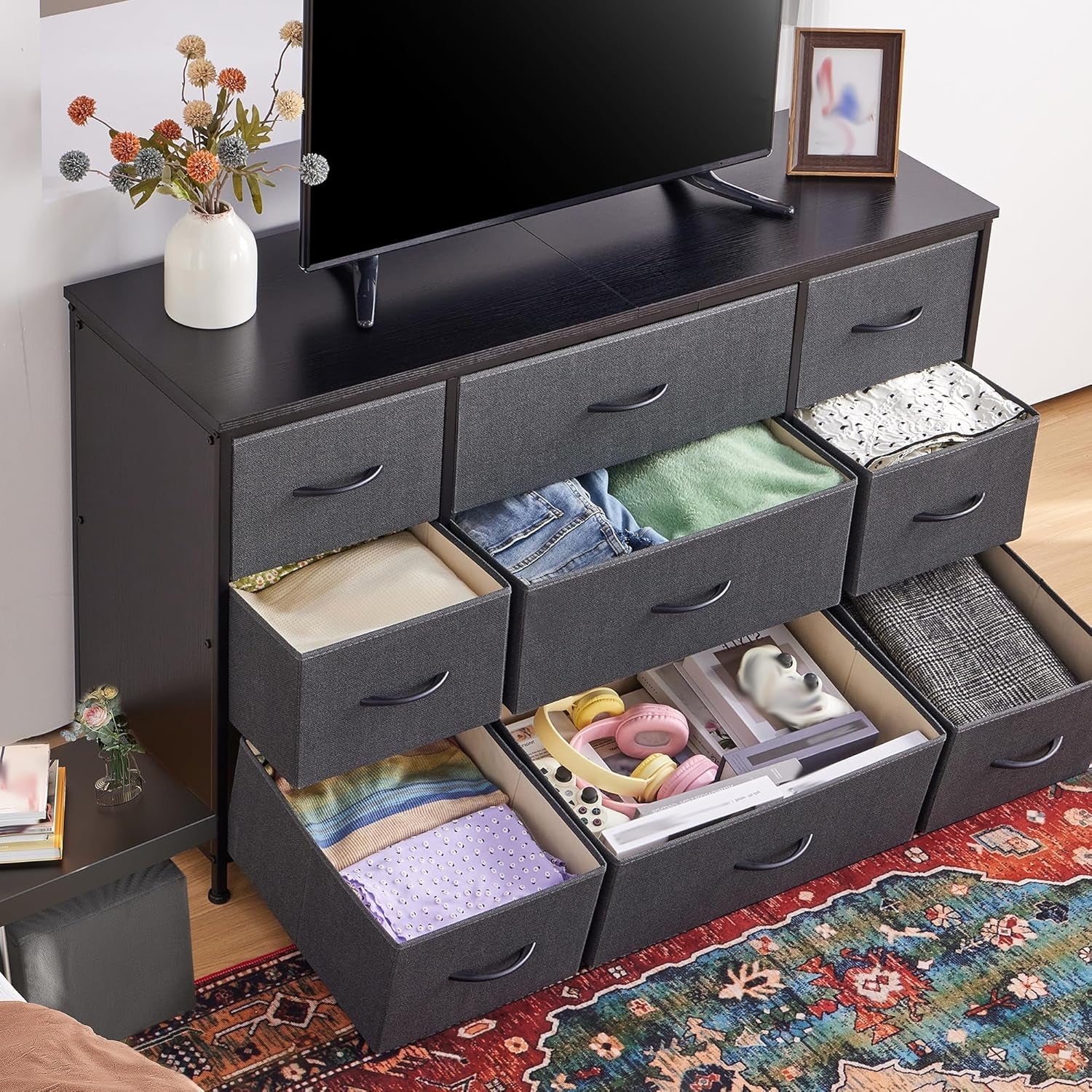 Grey Dresser With 9 Deep Drawers And 55 Inch TV Stand