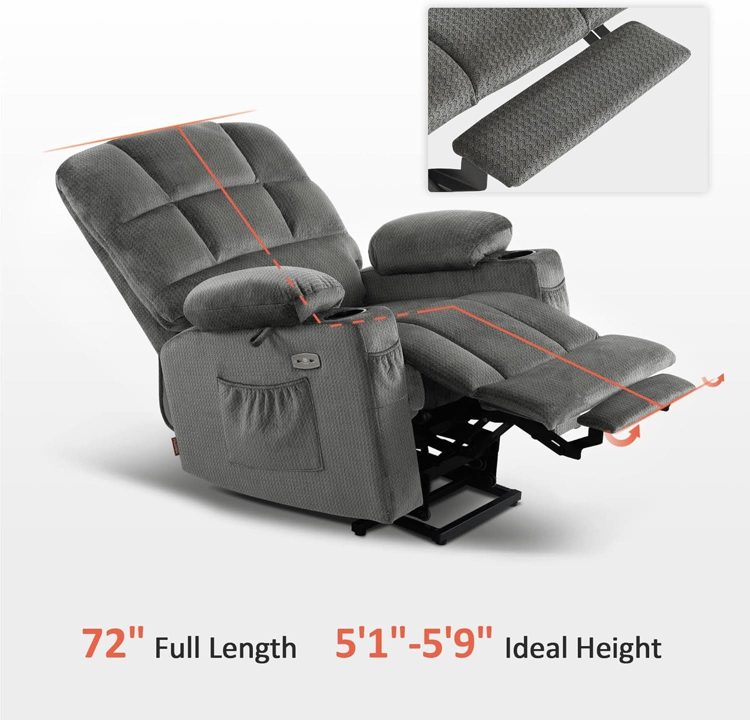 Grey Dual Motor Power Lift Recliner With Massage And Heat