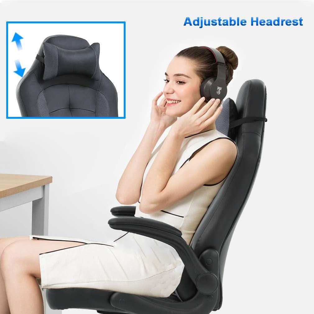 Grey Ergonomic PC Gaming Chair With Lumbar Support And Flip Up Arms