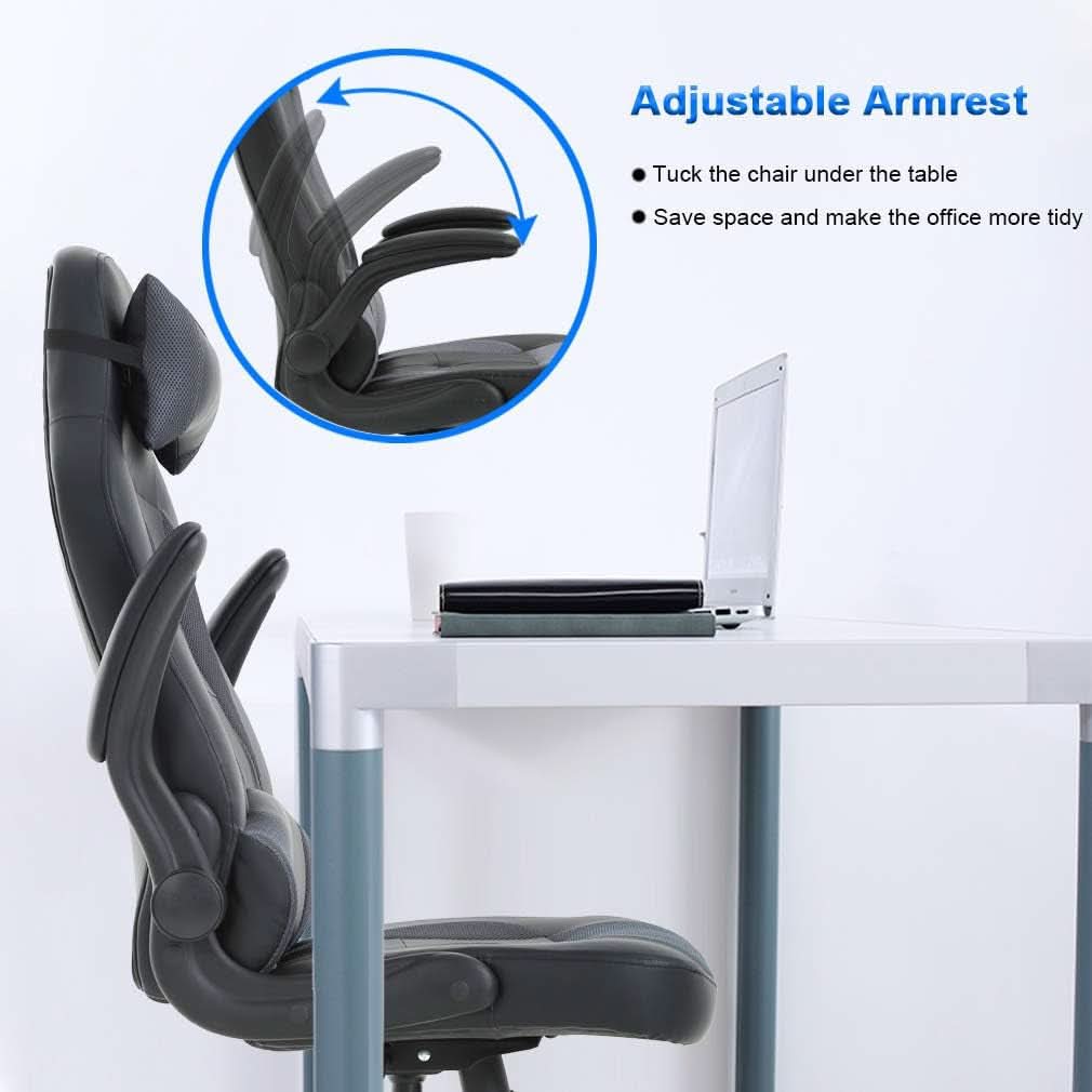 Grey Ergonomic PC Gaming Chair With Lumbar Support And Flip Up Arms