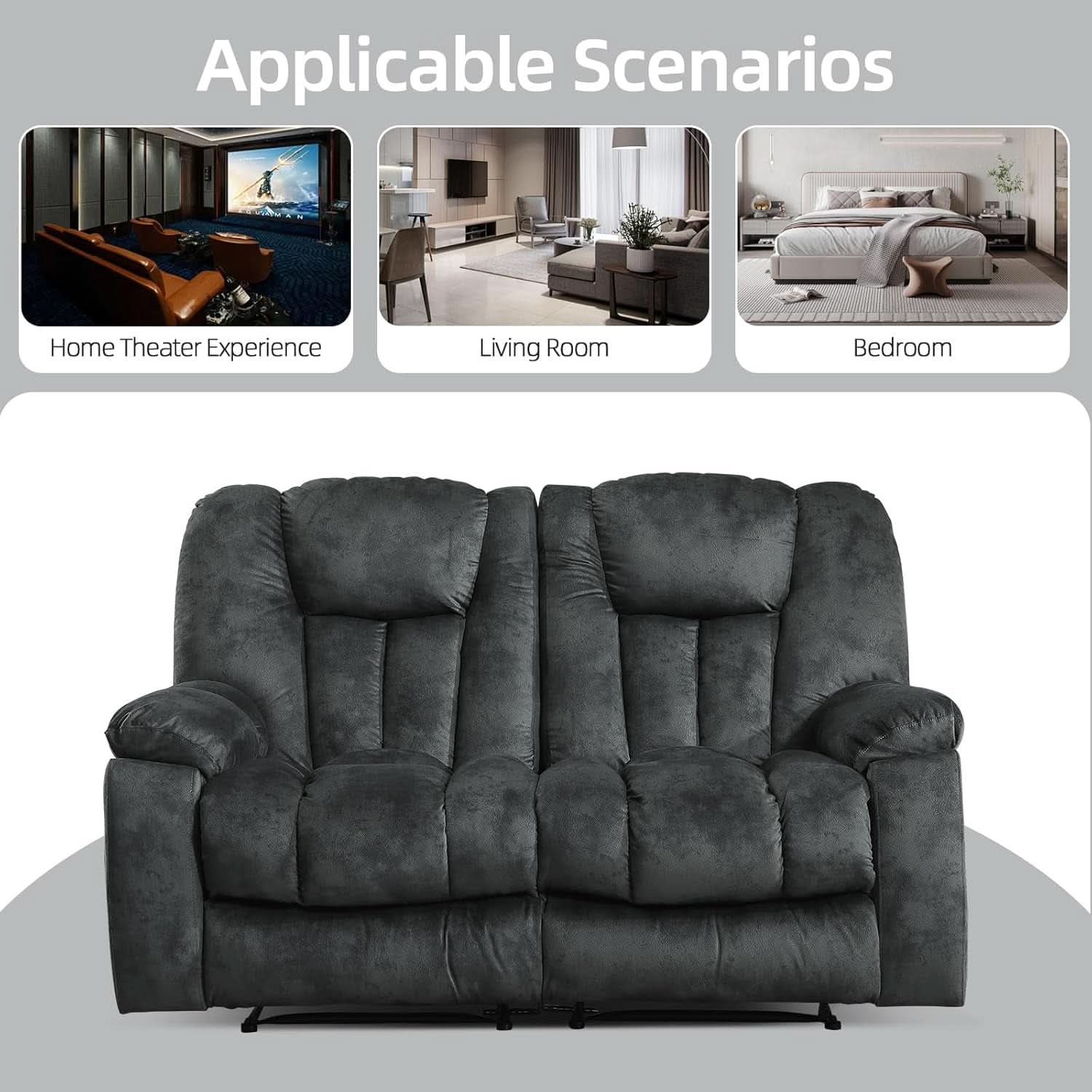 Grey Extra Wide Loveseat Recliner Sofa For Two Cup Holders