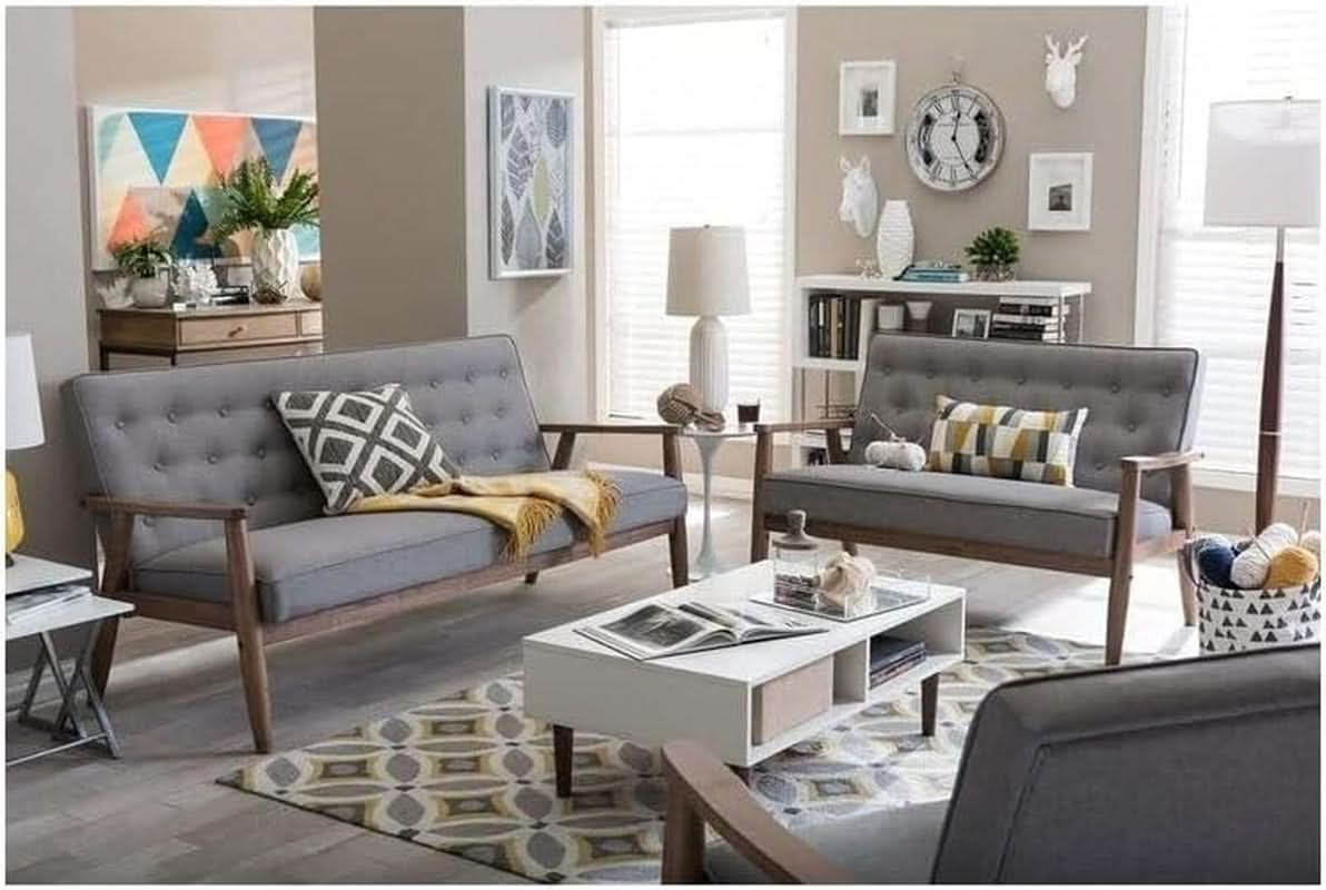 Grey Fabric 3 Piece Living Room Set With Wood Frame