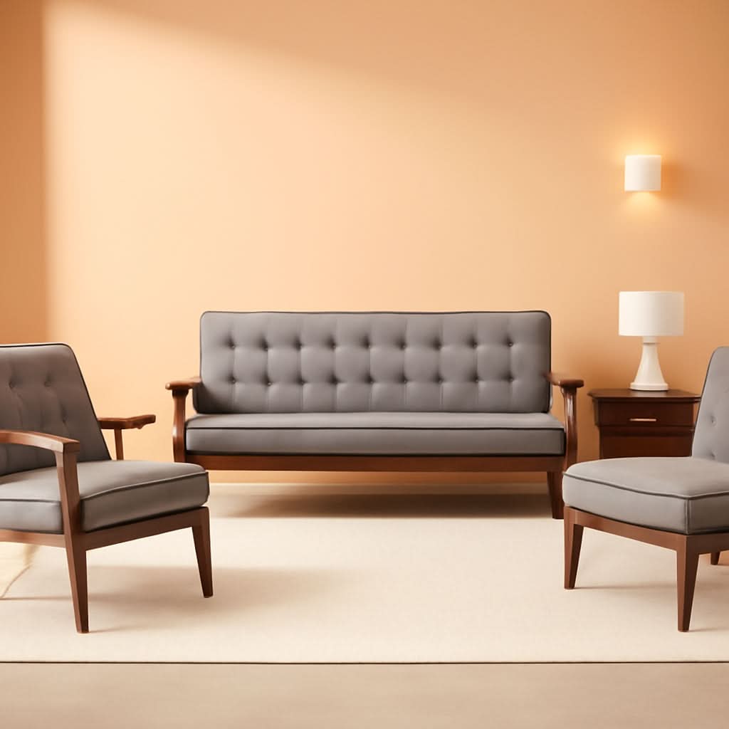Grey Fabric 3 Piece Living Room Set With Wood Frame