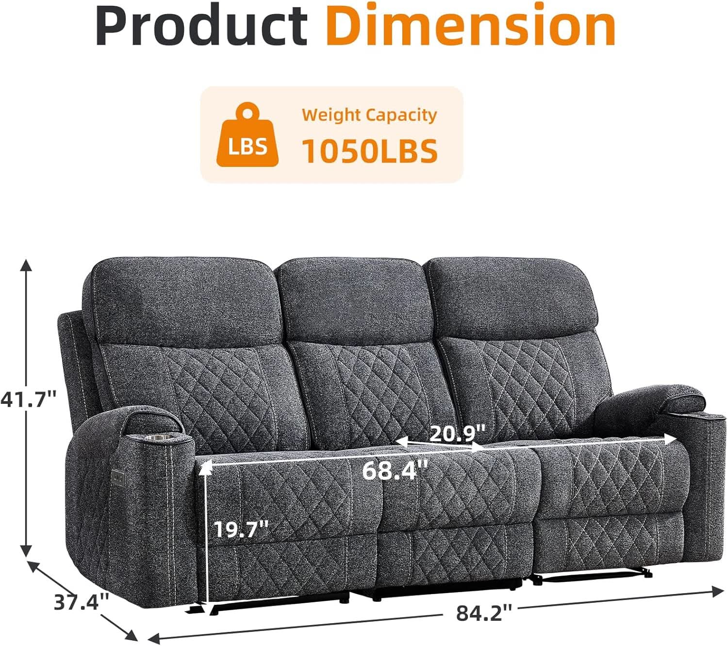 Grey Fabric 3-Seater Electric Recliner Sofa with Cup Holders