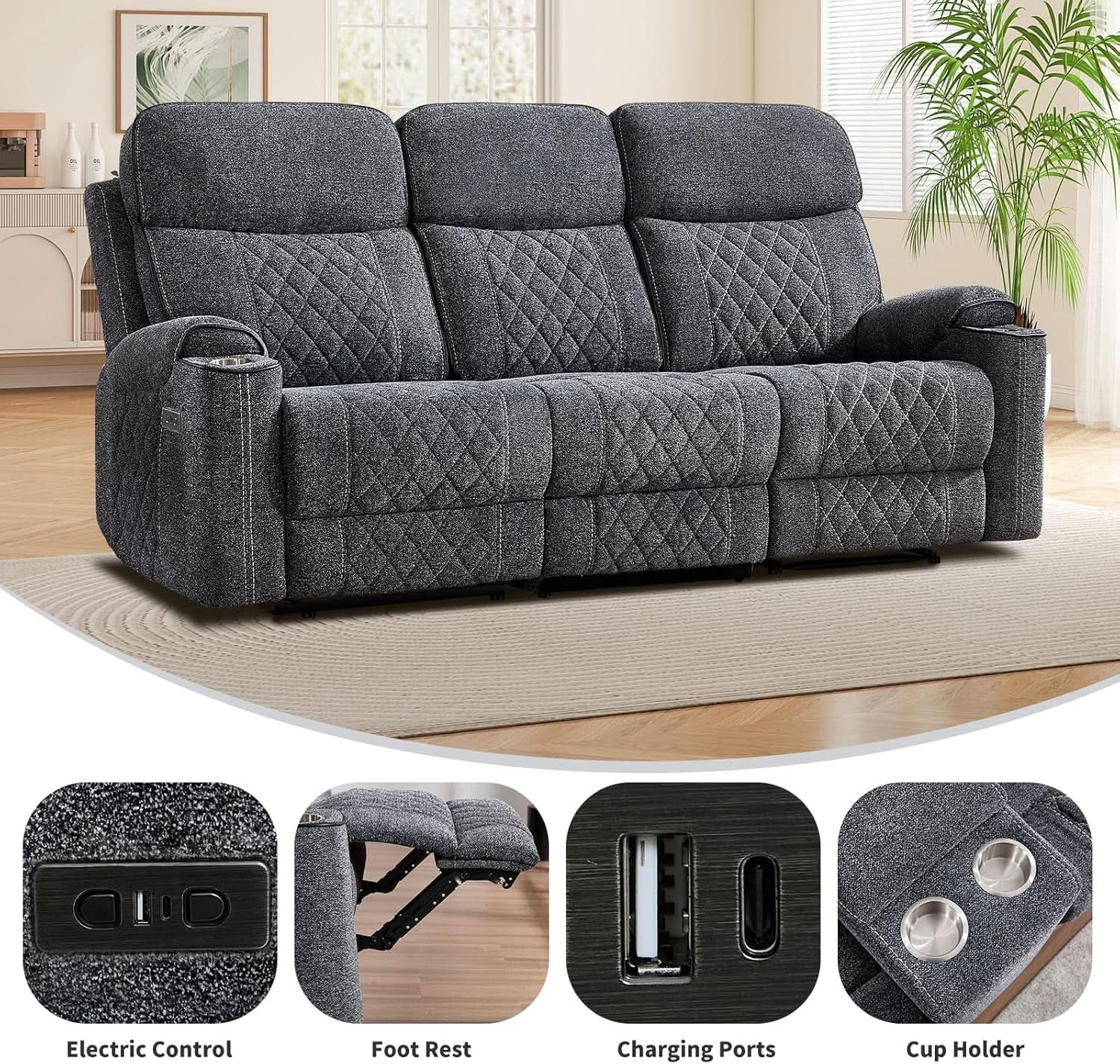 Grey Fabric 3-Seater Electric Recliner Sofa with Cup Holders