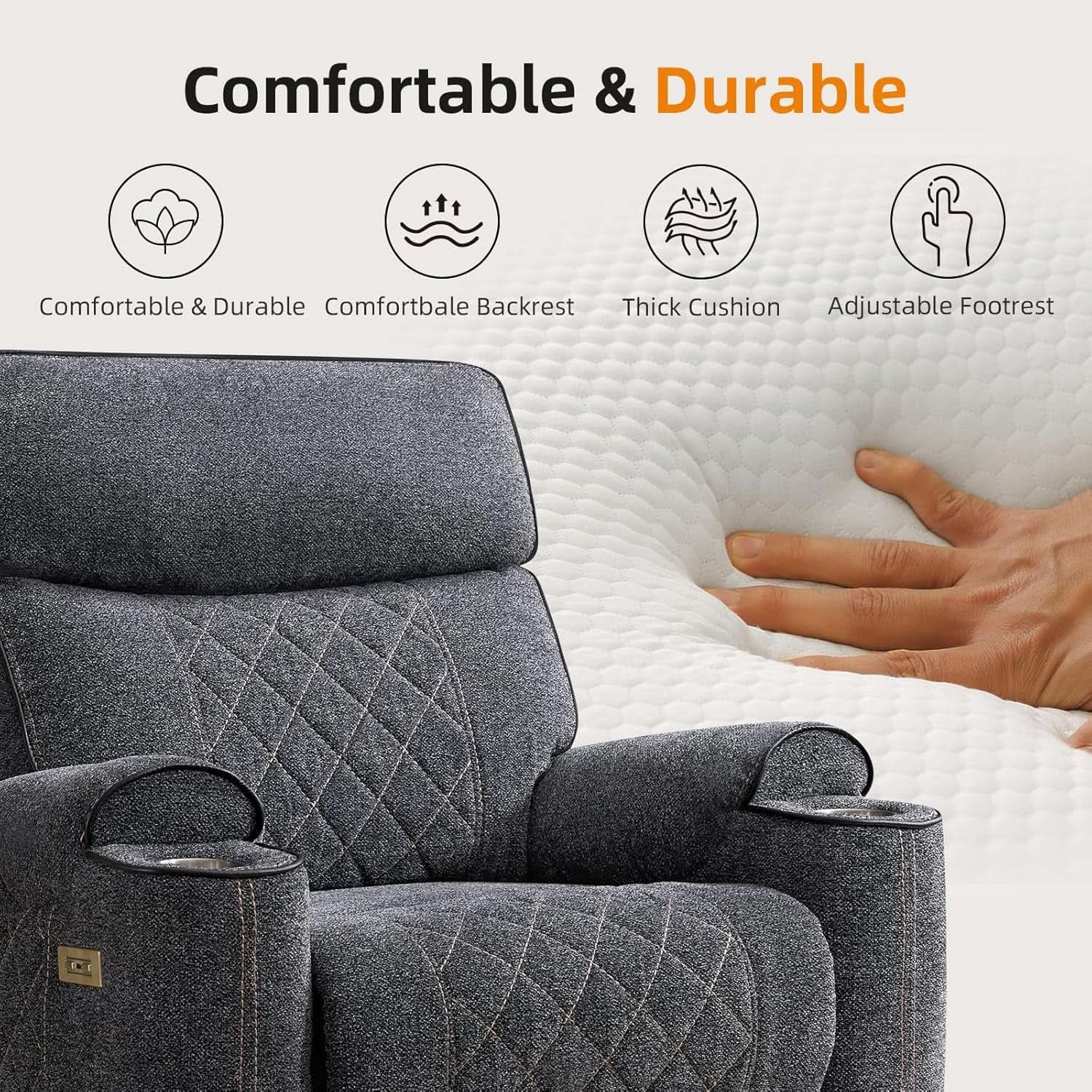 Grey Fabric 3-Seater Electric Recliner Sofa with Cup Holders