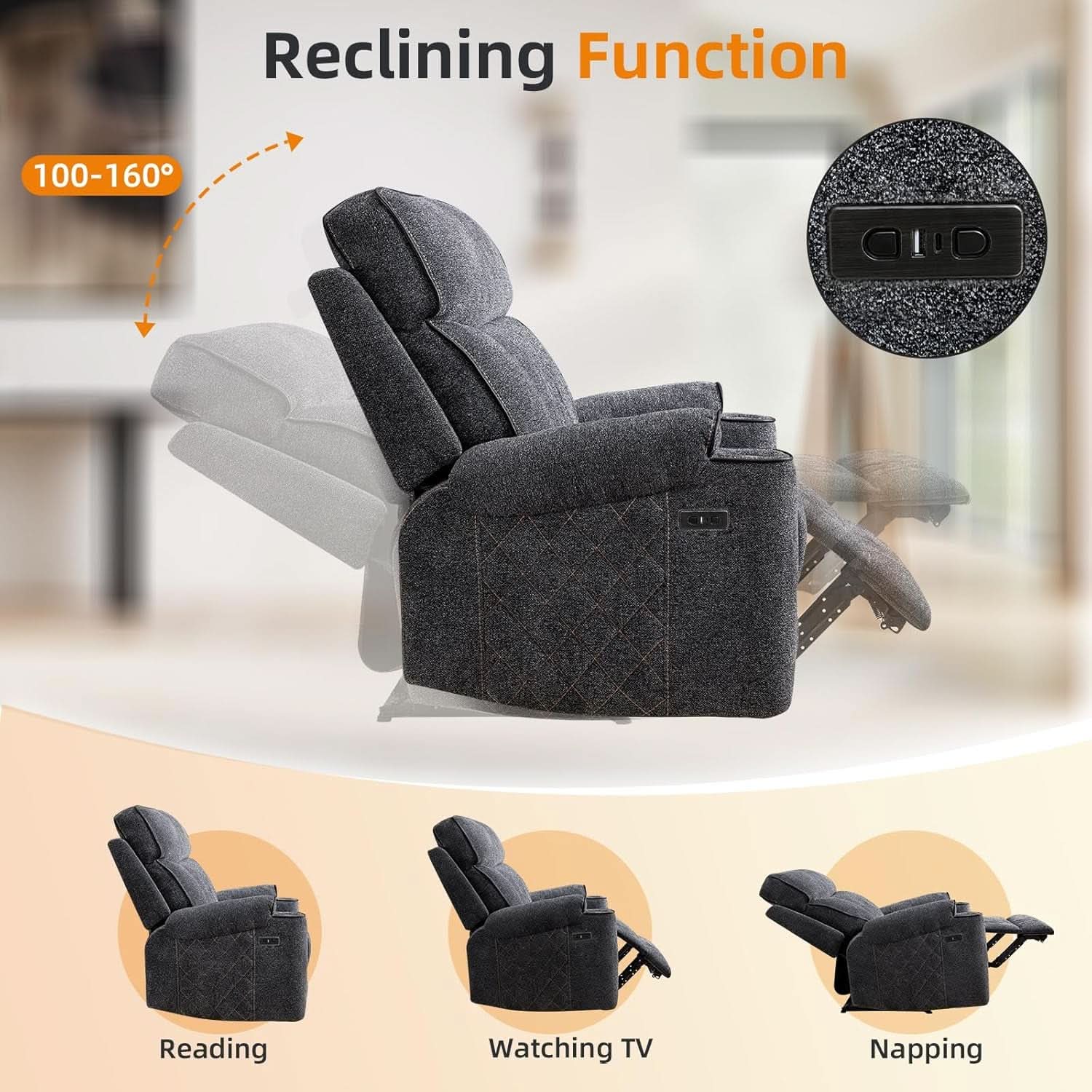 Grey Fabric 3-Seater Electric Recliner Sofa with Cup Holders