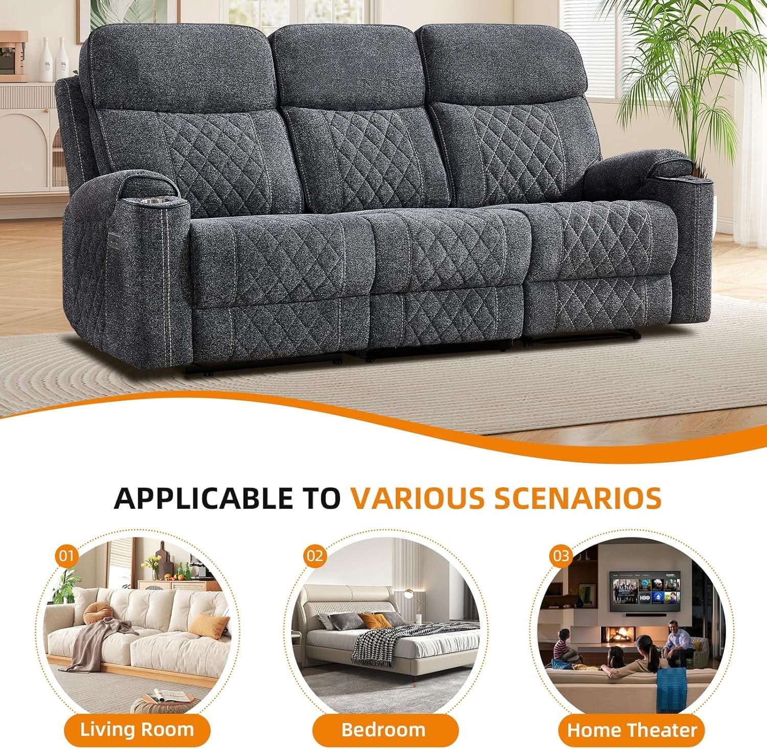 Grey Fabric 3-Seater Electric Recliner Sofa with Cup Holders