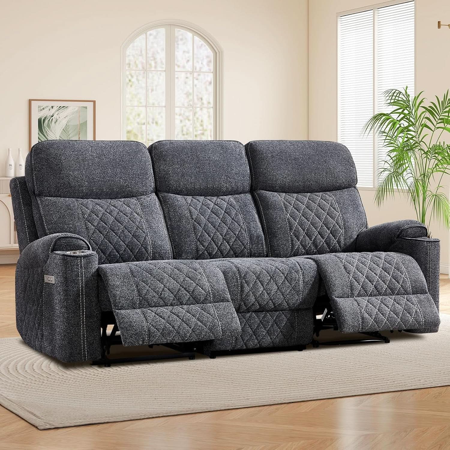 Grey Fabric 3-Seater Electric Recliner Sofa with Cup Holders