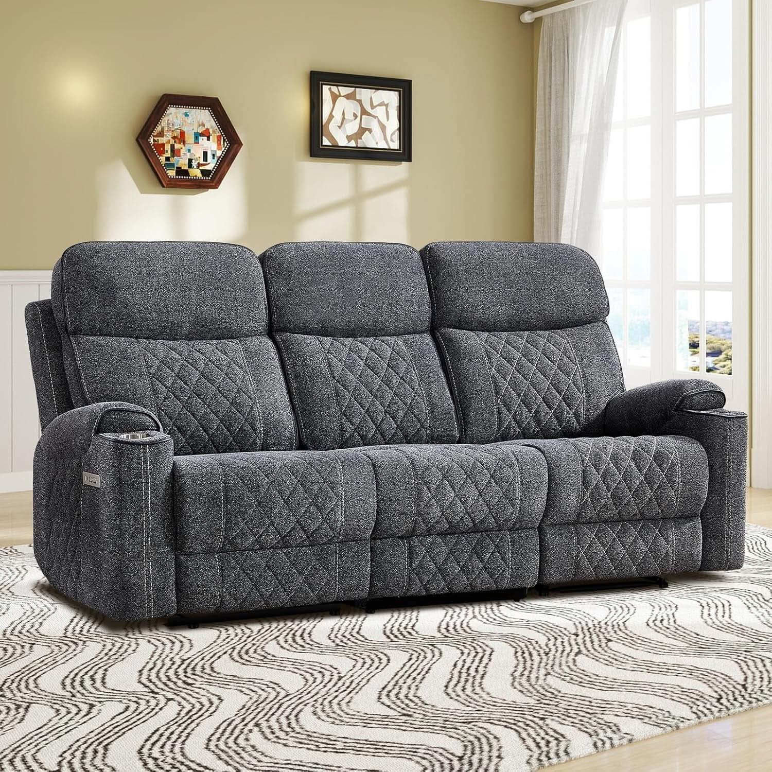 Grey Fabric 3-Seater Electric Recliner Sofa with Cup Holders