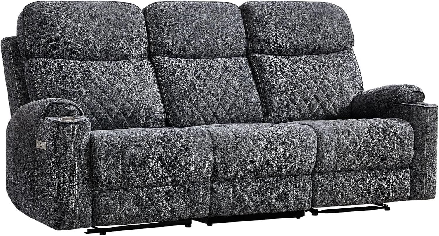 Grey Fabric 3-Seater Electric Recliner Sofa with Cup Holders