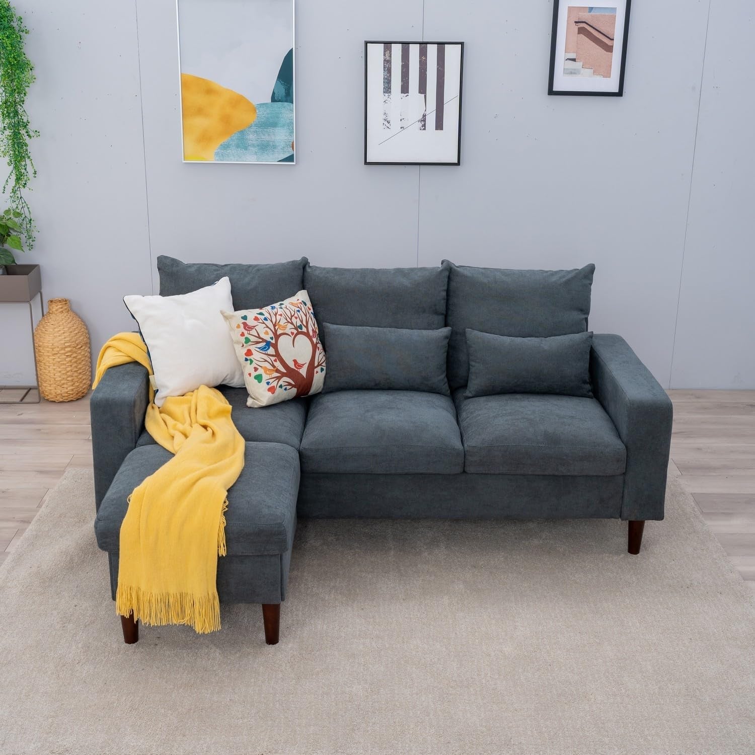 Grey Fabric Corner Sofa Set With Ottoman Footstool 3 Seater
