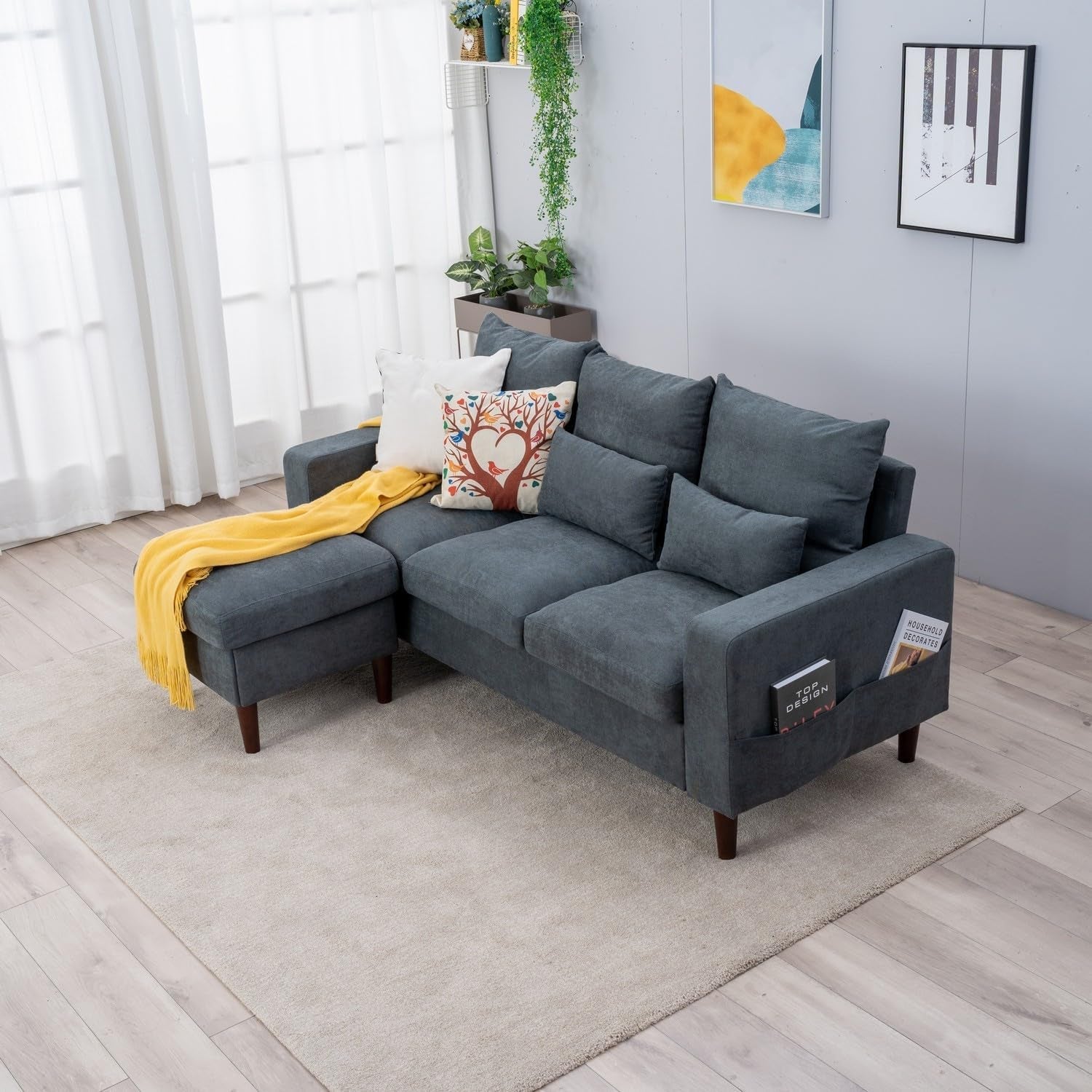 Grey Fabric Corner Sofa Set With Ottoman Footstool 3 Seater