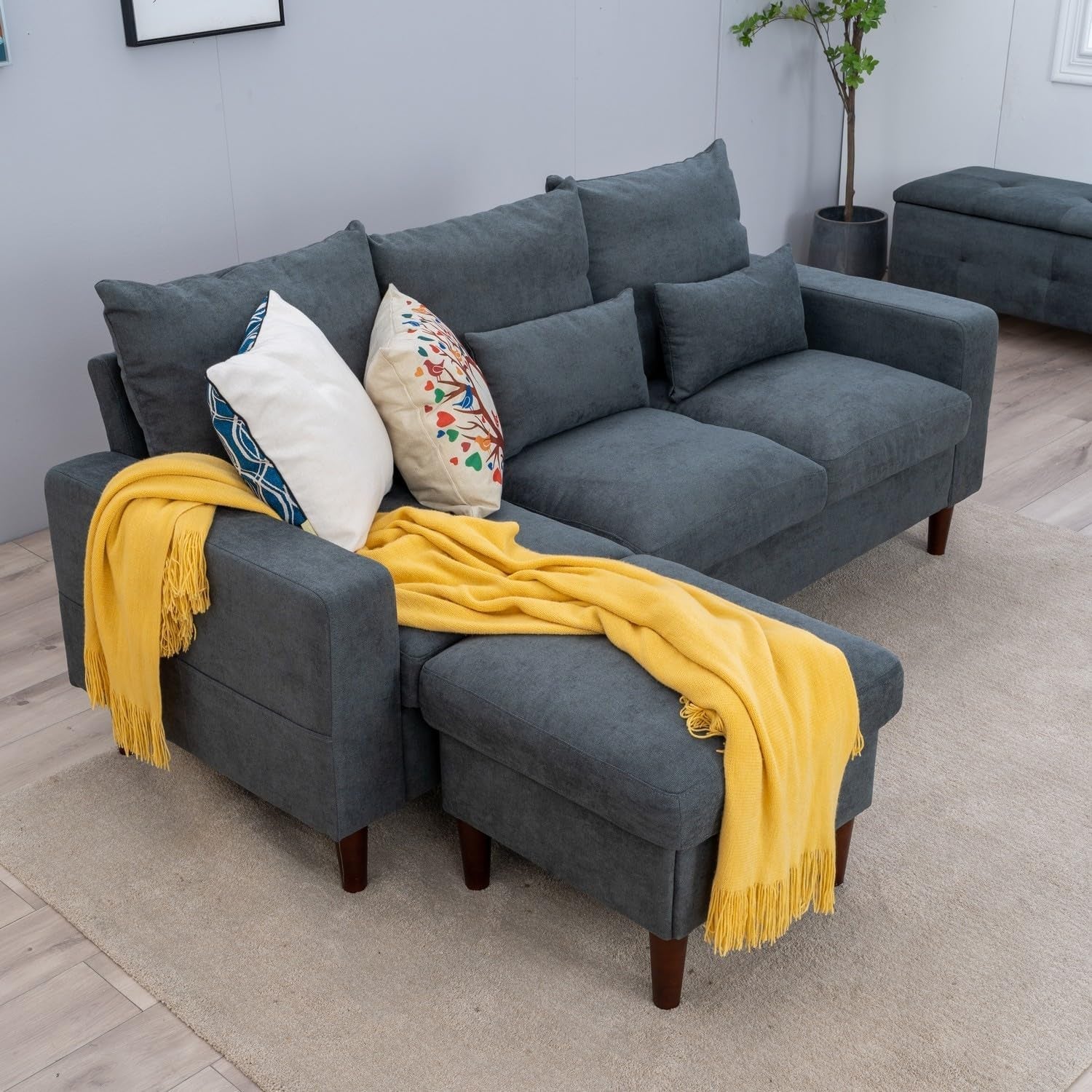 Grey Fabric Corner Sofa Set With Ottoman Footstool 3 Seater