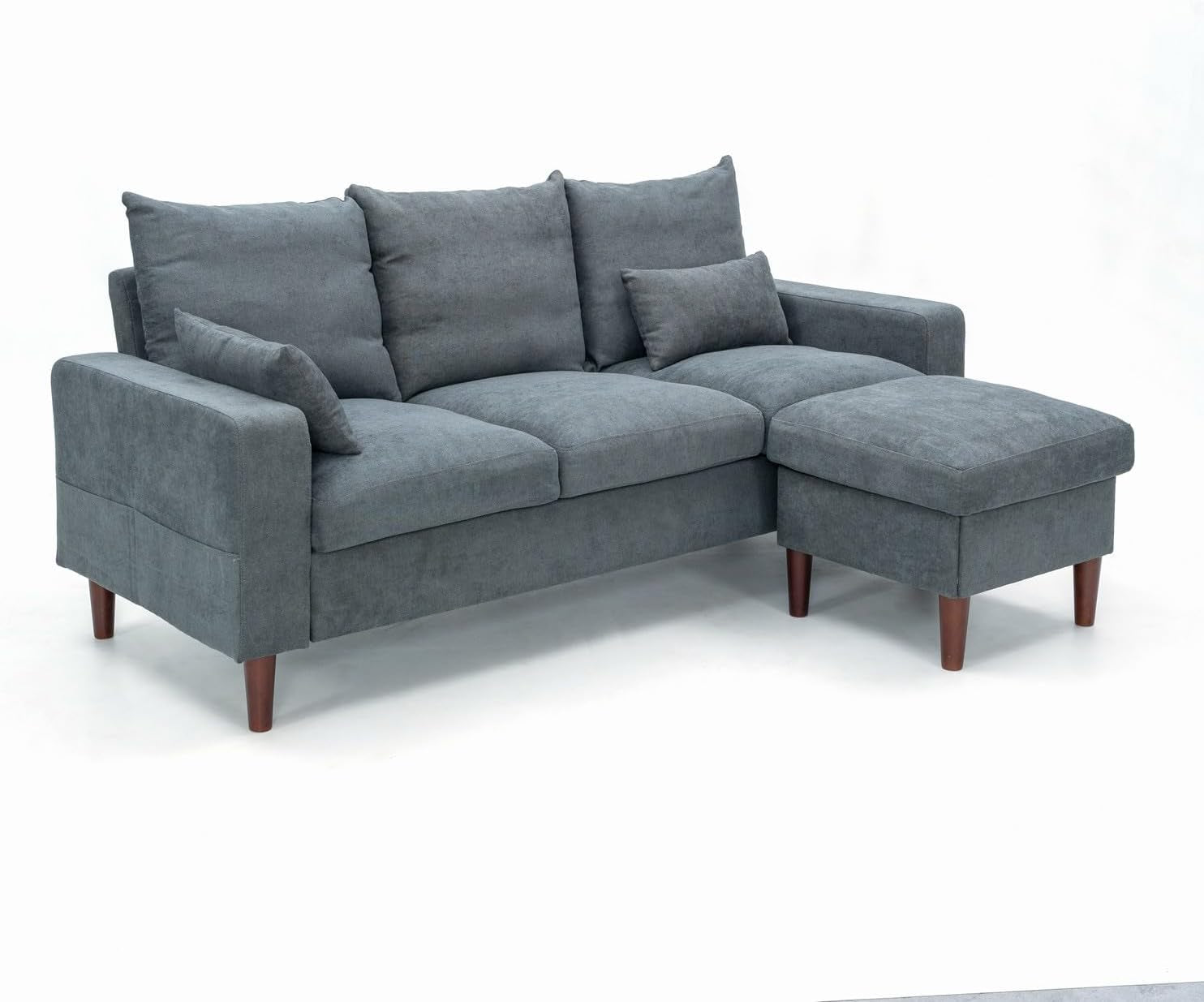 Grey Fabric Corner Sofa Set With Ottoman Footstool 3 Seater