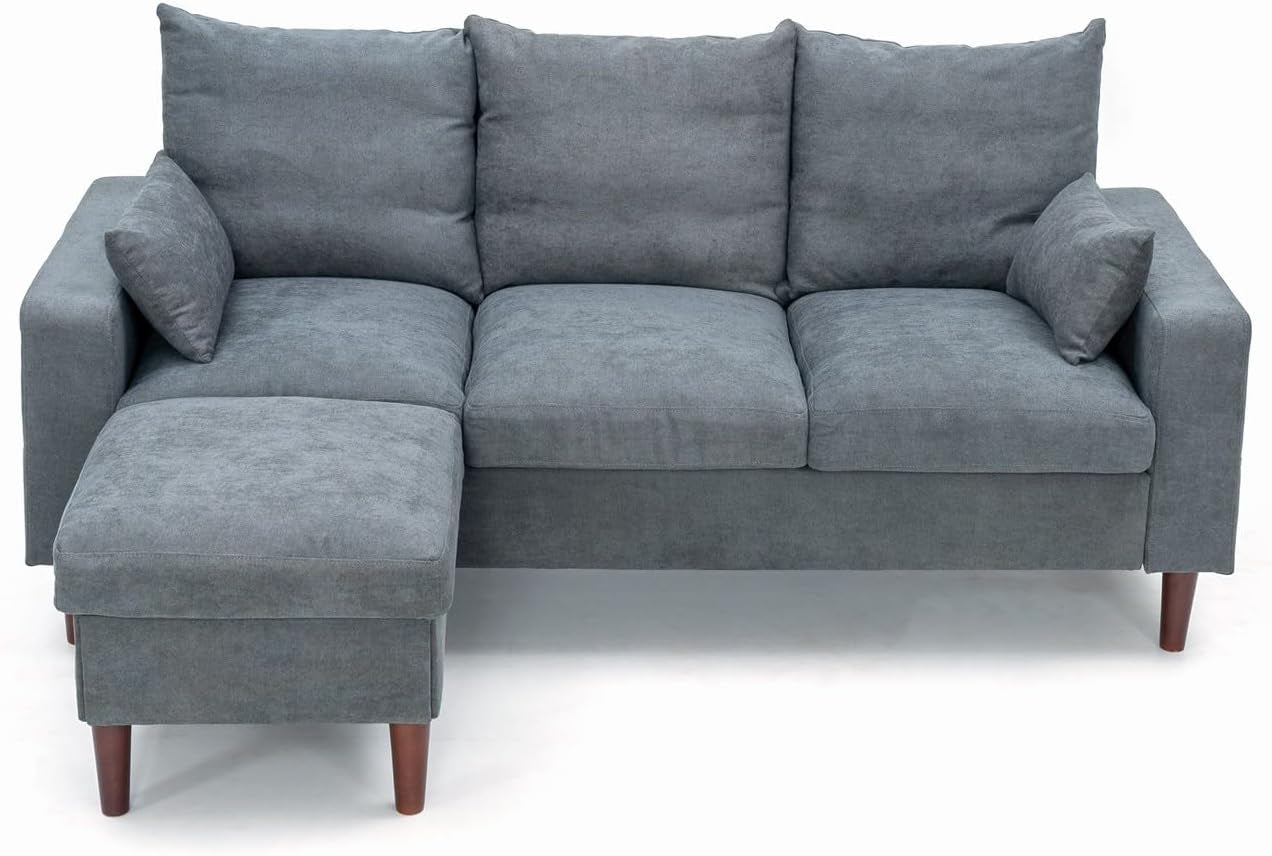 Grey Fabric Corner Sofa Set With Ottoman Footstool 3 Seater