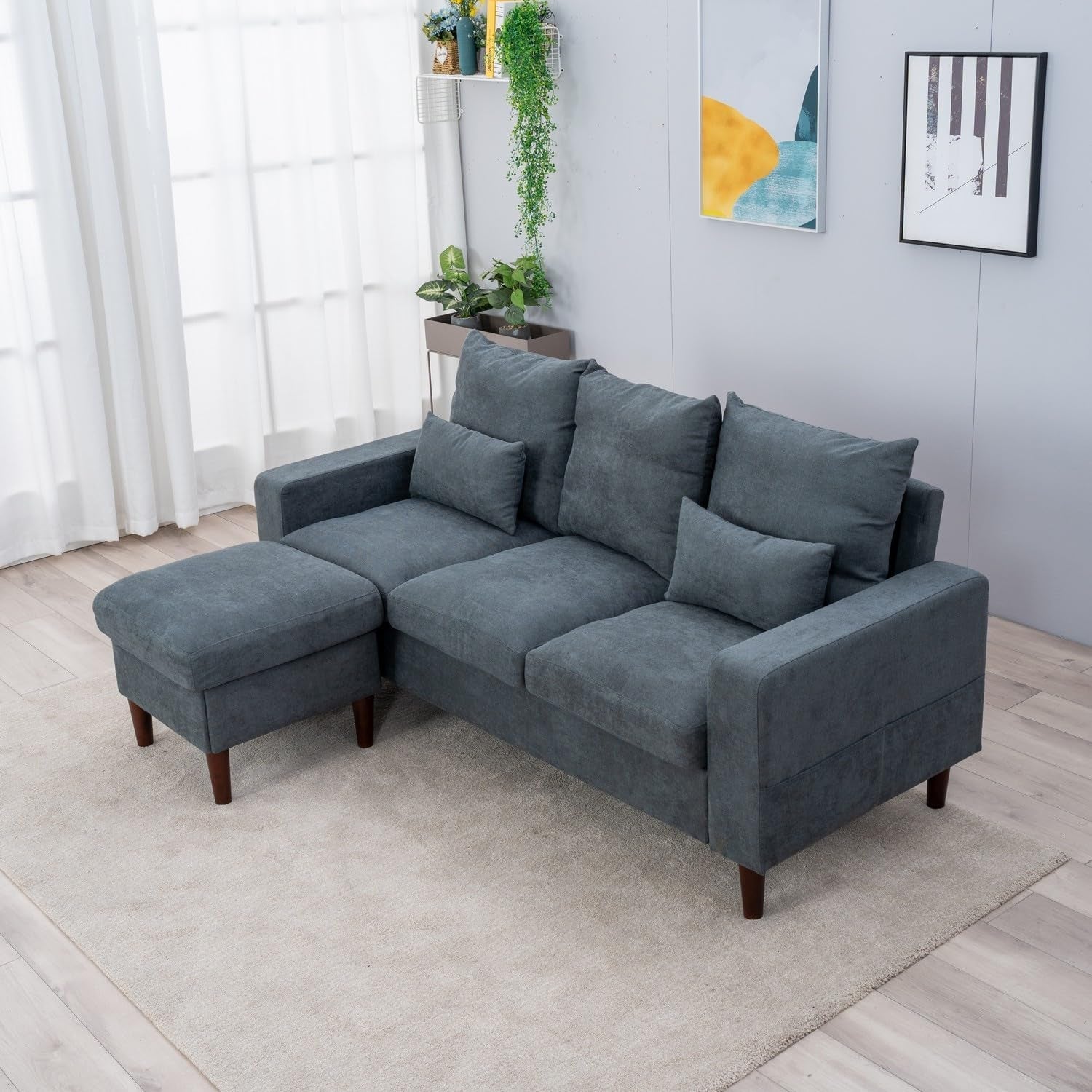 Grey Fabric Corner Sofa Set With Ottoman Footstool 3 Seater