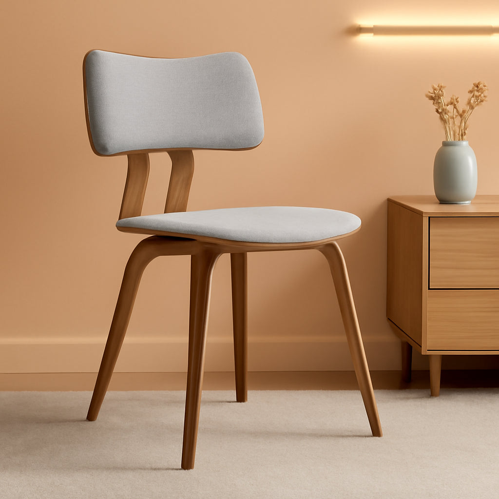 Grey Fabric Dining Chair With Walnut Wood Finish Mid Century Modern